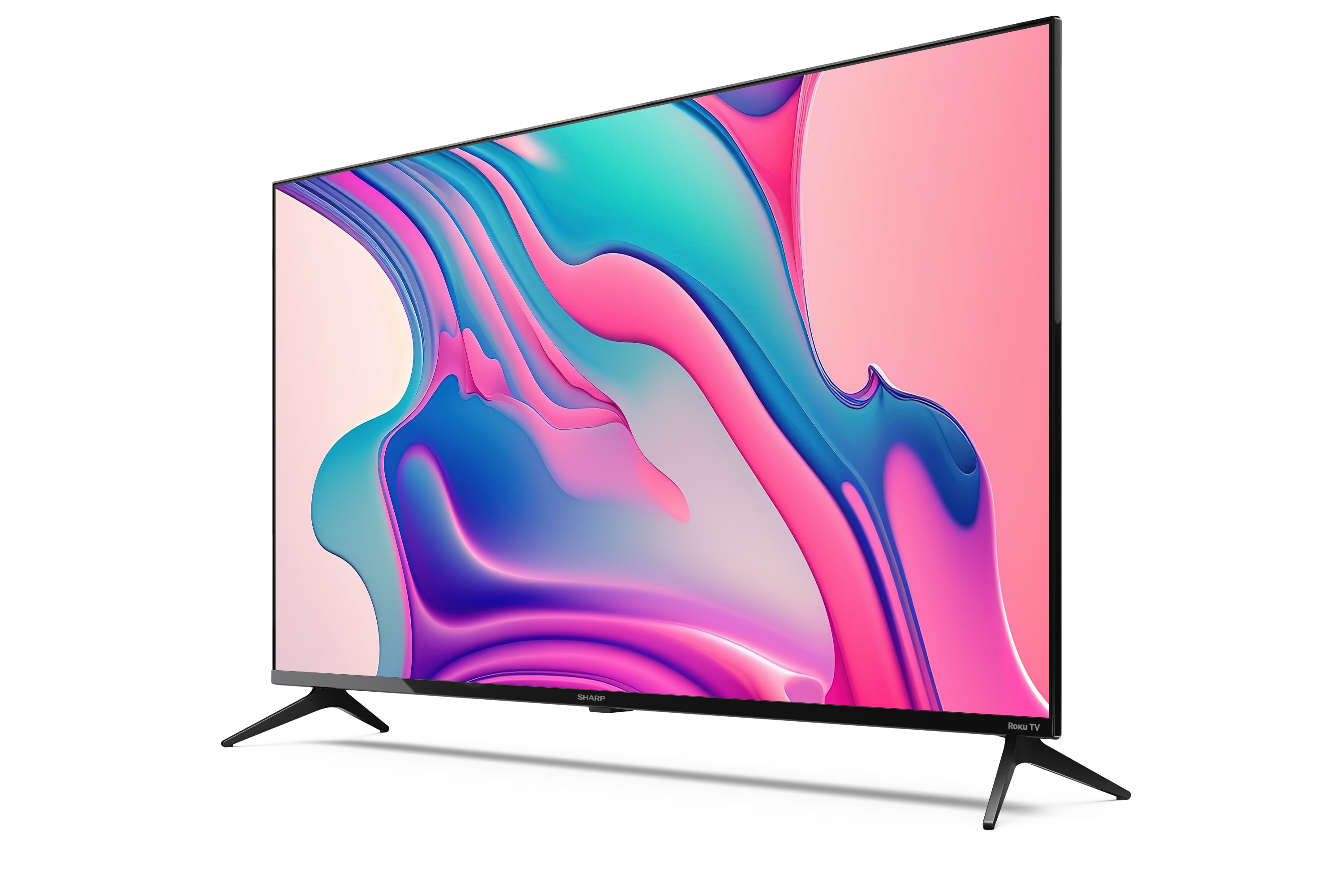 Großer Flachbildfernseher mit farbenfrohem, abstrakten Bild, schwarze Füße. Weißer Hintergrund.