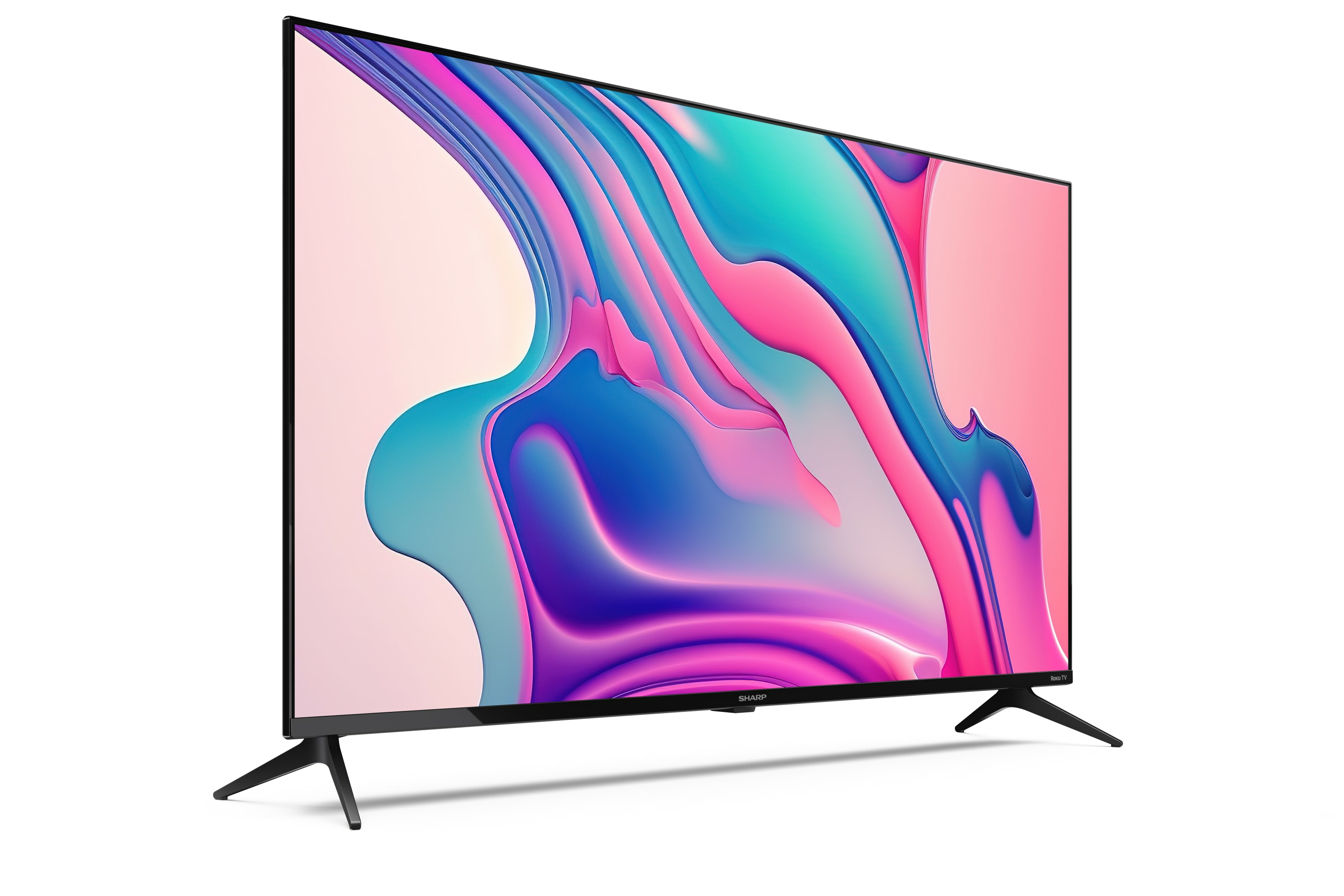 Ein großer Flachbildfernseher mit einem farbenfrohen, abstrakten Display, der auf schwarzen Beinen steht.