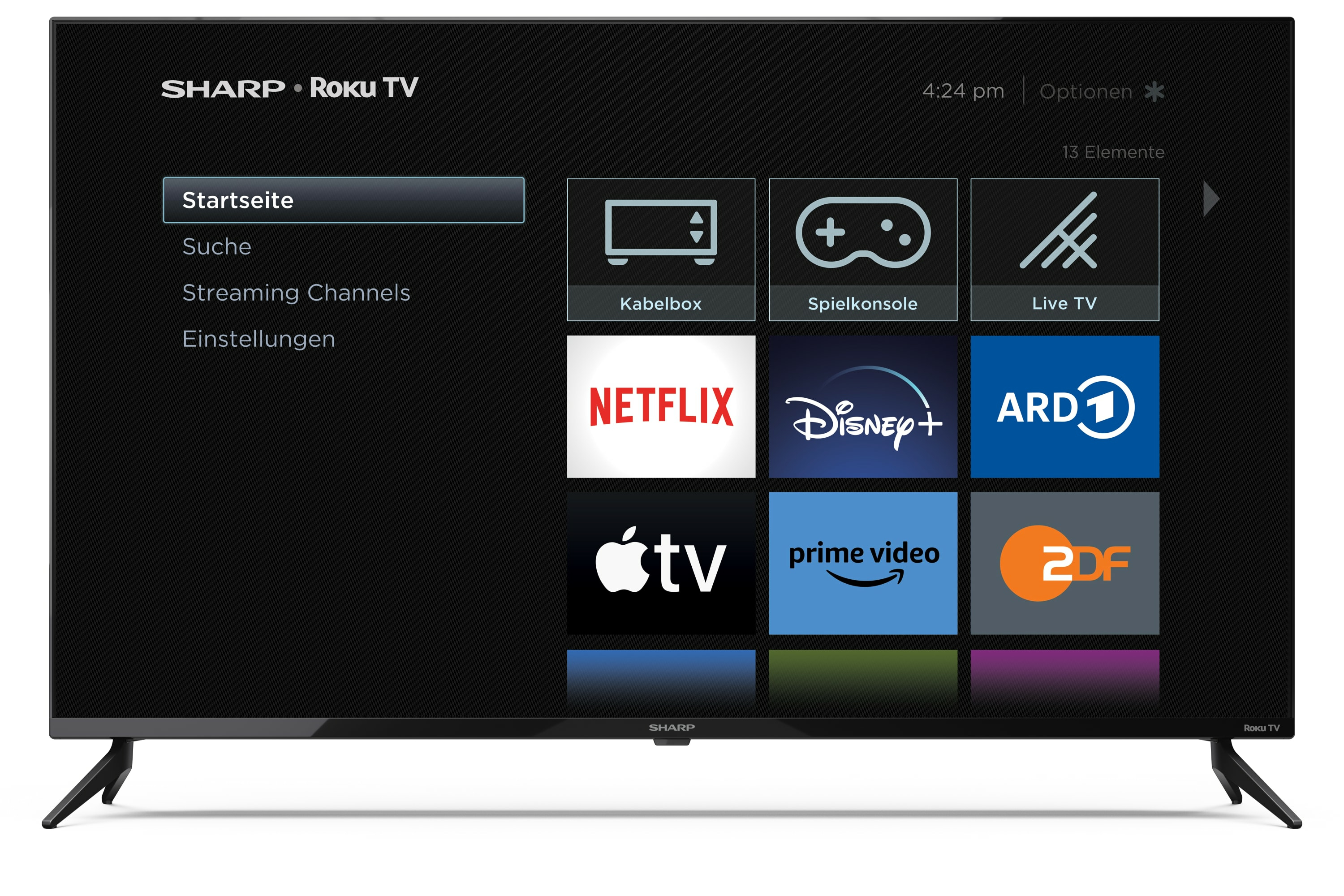 Ein Sharp Roku TV, der einen Startbildschirm mit App-Symbolen auf schwarzem Hintergrund anzeigt.