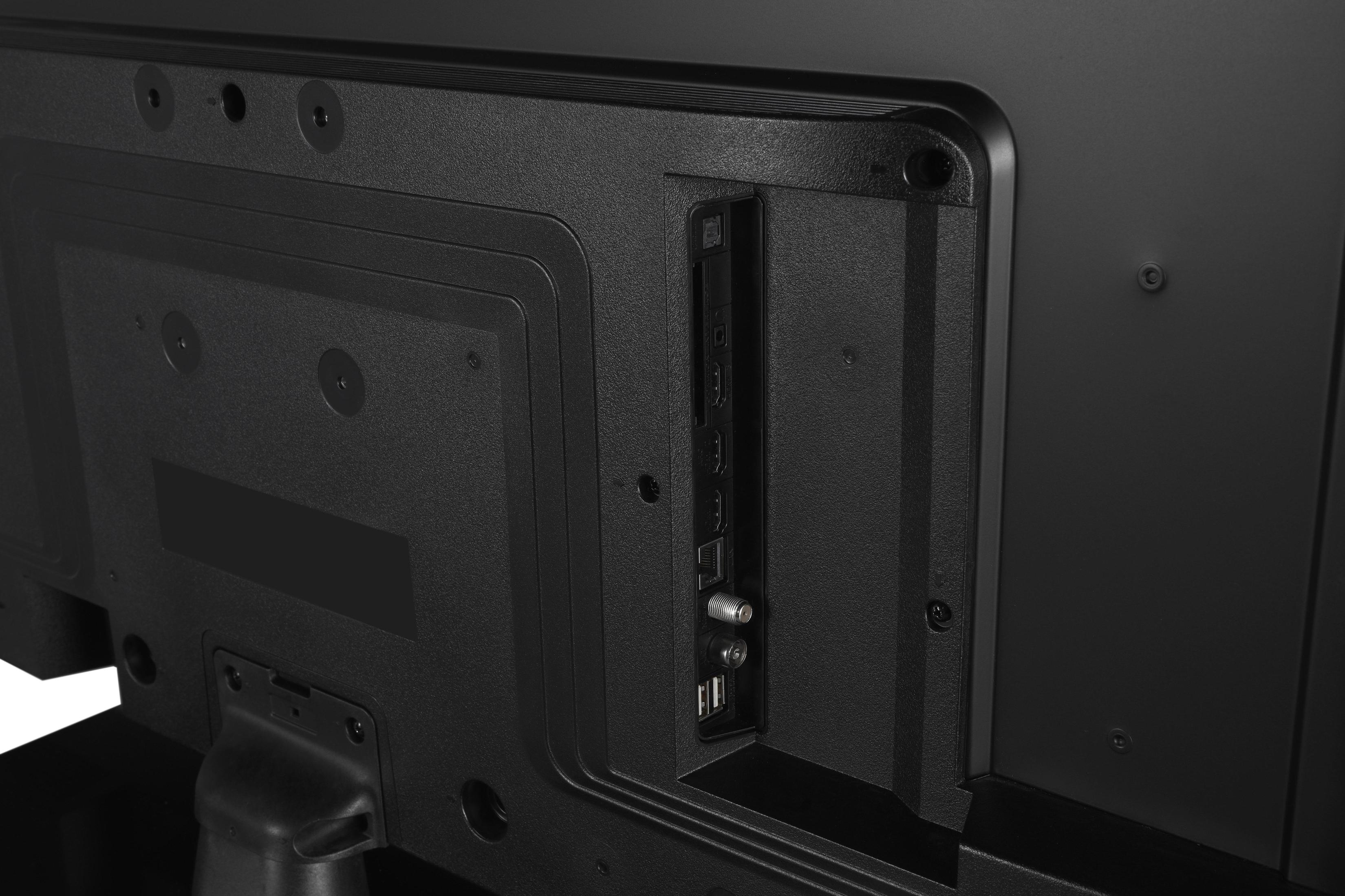 Tył czarnego telewizora z portami, w tym HDMI i USB, widoczne.