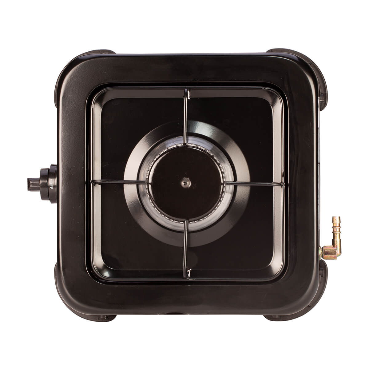 Czarny przenośny piec gazowy widziany z góry.