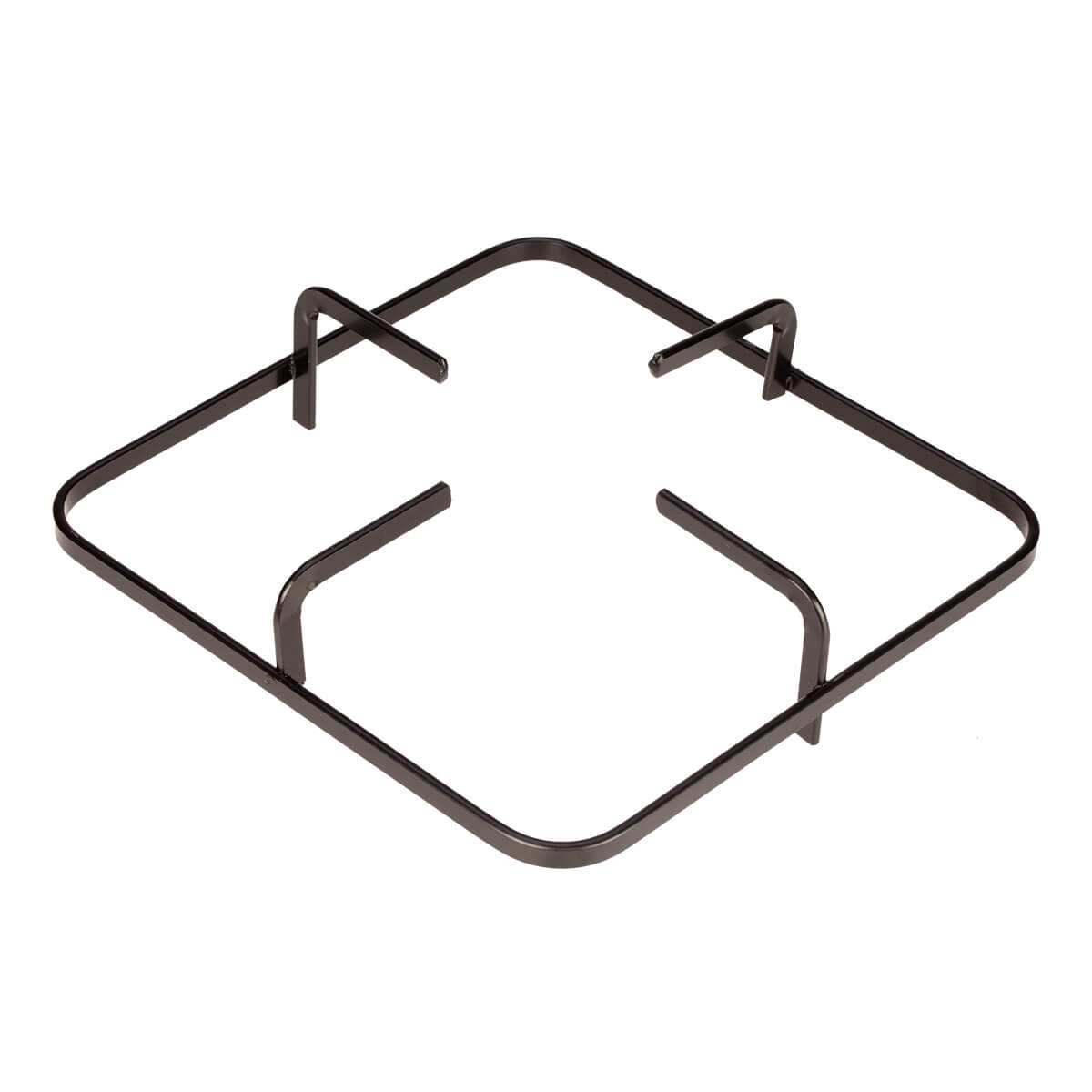 Czarny, metalowy ruszt kuchenki z kwadratową ramą i czterema ramionami podporowymi, na białym tle.