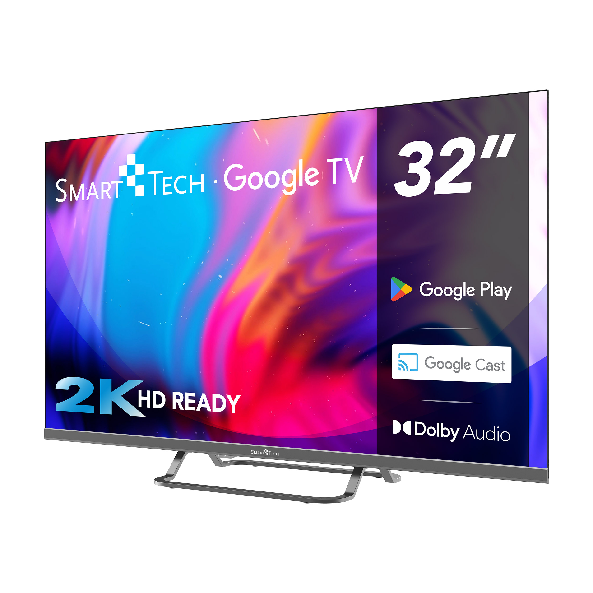 Wyświetlany jest 32-calowy SmartTech Google TV, pod kątem, z logo Google Play i Google Cast.