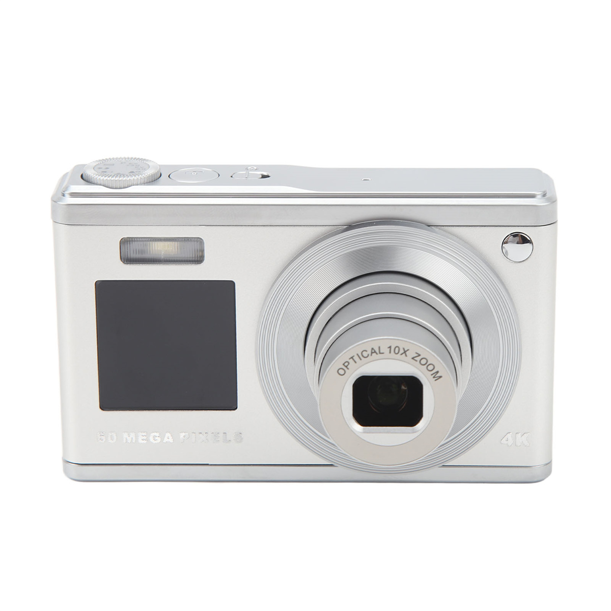 Silberne Kamera mit Objektiv (Optical 10X Zoom). Sie hat einen Blitz und ein Display mit 50 Megapixeln.