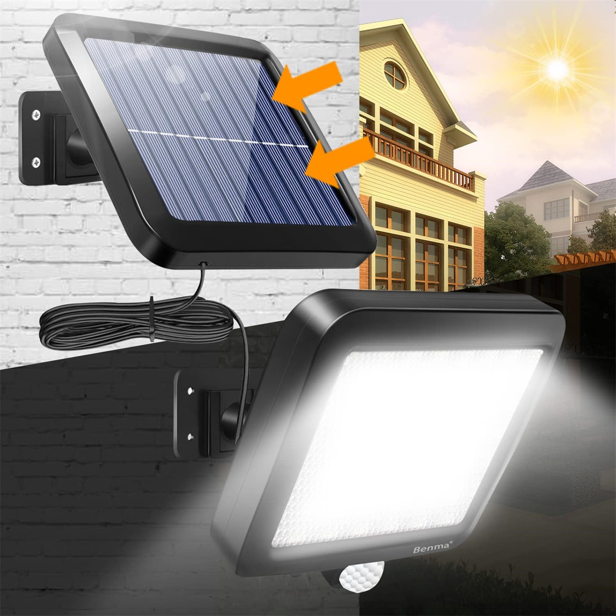 Solarbetriebene Sicherheitsleuchten. Eine ist beleuchtet, an einer Ziegelmauer befestigt. Pfeile zeigen auf die Solarzelle.