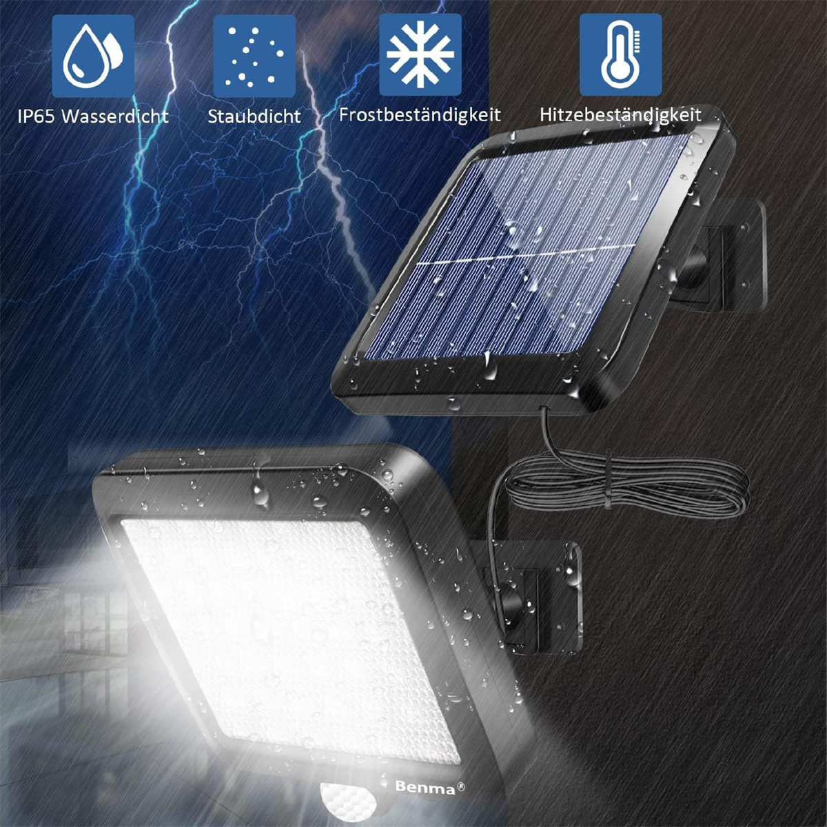 Solarbetriebener Flutlichtstrahler mit Solarpanel. Symbole weisen auf Wasserdichtigkeit, Staubdichtigkeit und Temperaturbeständigkeit hin.