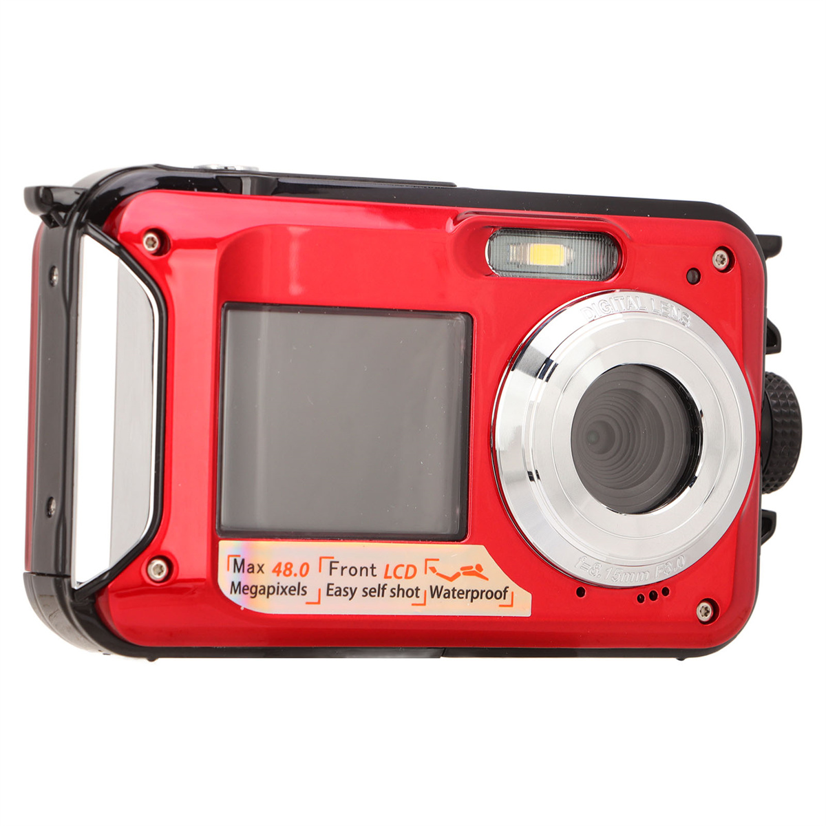 Eine rote wasserdichte Kamera mit Bildschirm, Objektiv und Knöpfen, beschriftet mit 'Max 48.0 Megapixel'.
