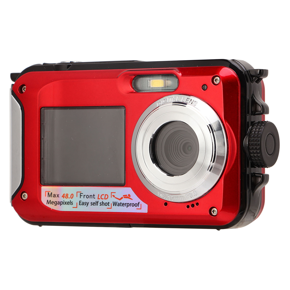 Rote, wasserdichte Digitalkamera mit Objektiv, Bildschirm und Knöpfen. Max. 48,0 Megapixel.