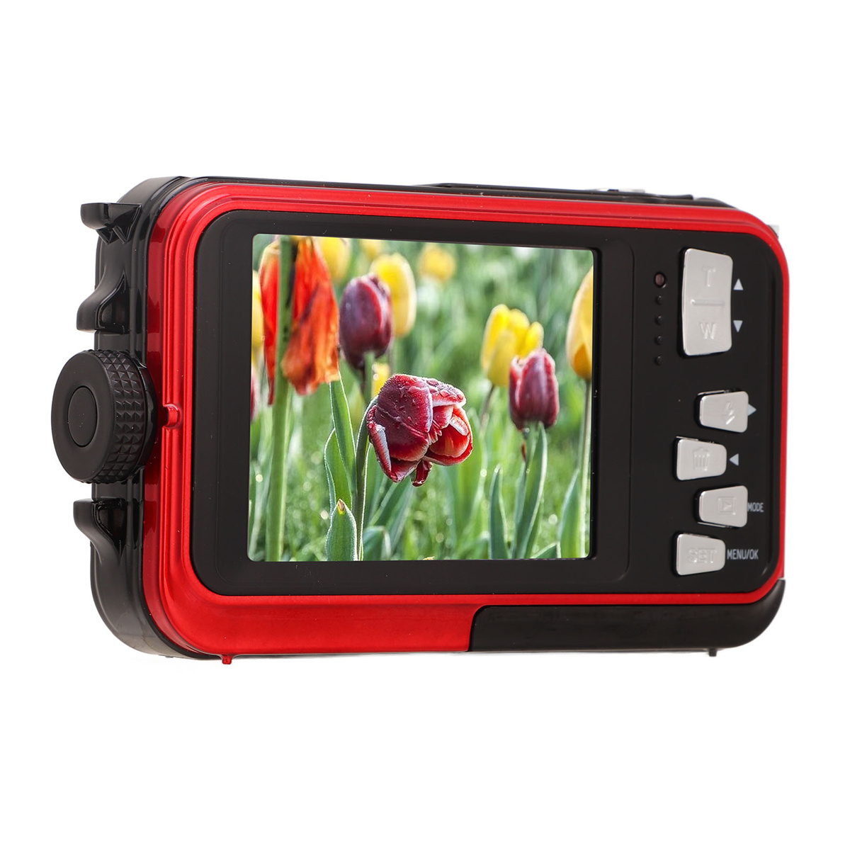Rote und schwarze Unterwasserkamera, die auf ihrem Bildschirm ein farbenfrohes Blumenfeld zeigt.