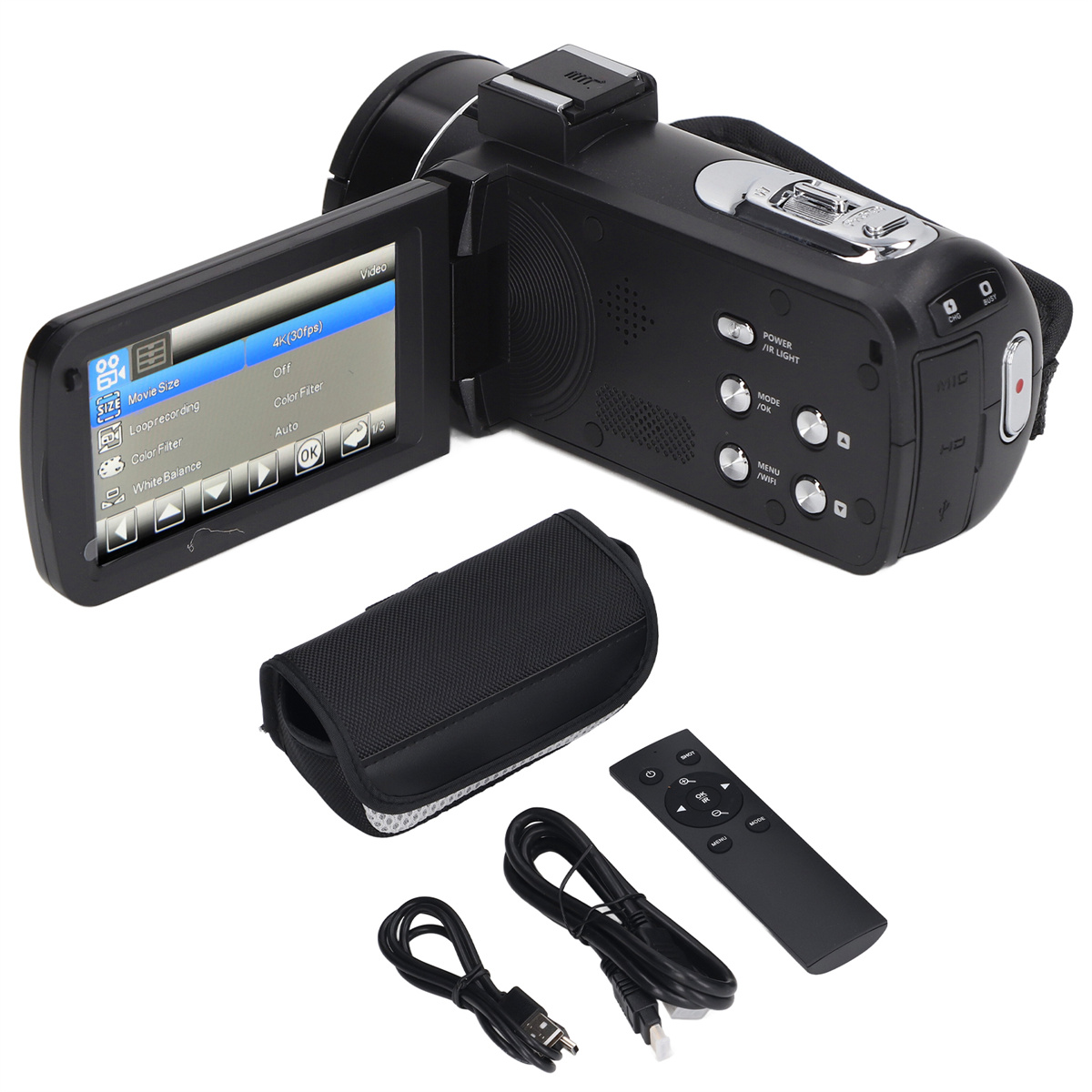 Schwarze Videokamera mit Bildschirm, Hülle, Kabeln und Fernbedienung.