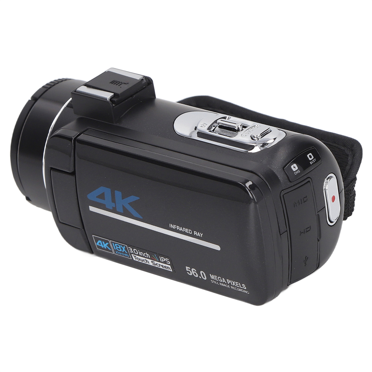 Schwarzer 4K-Camcorder mit 4K-, 18x-Zoom-Beschriftungen und roter Aufnahmetaste.