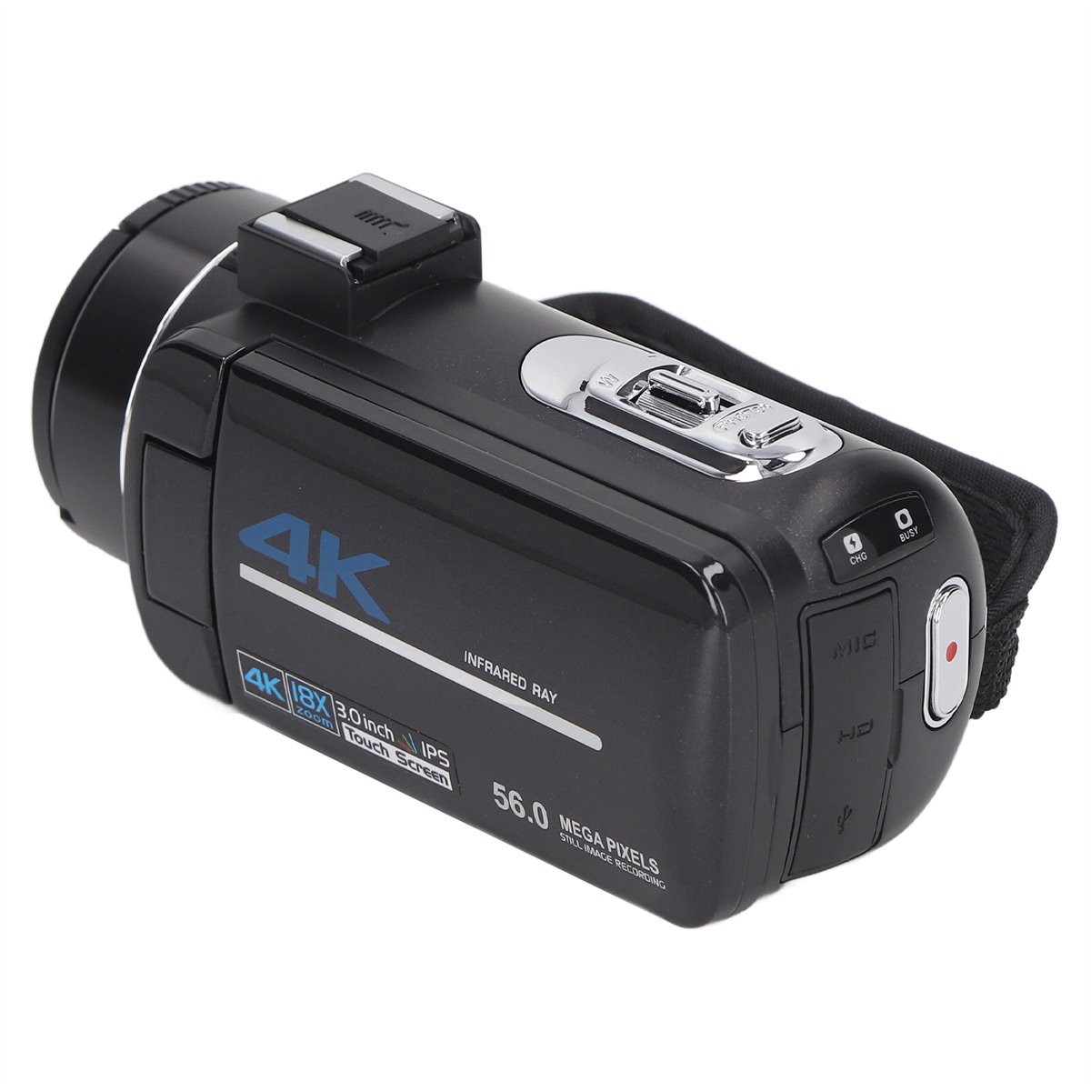 Schwarze 4K-Videokamera mit 4K, 18-fachem Zoom und 3,0-Zoll-Touchscreen. Die Kamera hat einen schwarzen Gurt.