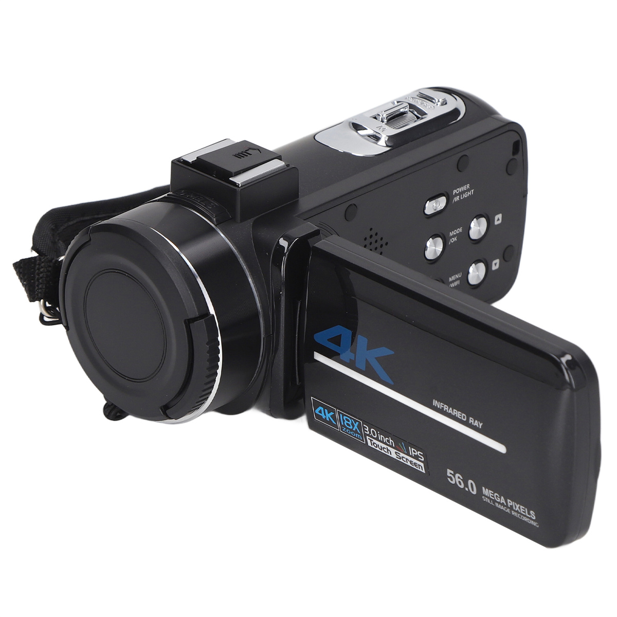Schwarzer 4K-Camcorder mit Touchscreen, verschiedenen Tasten und sichtbaren Details.