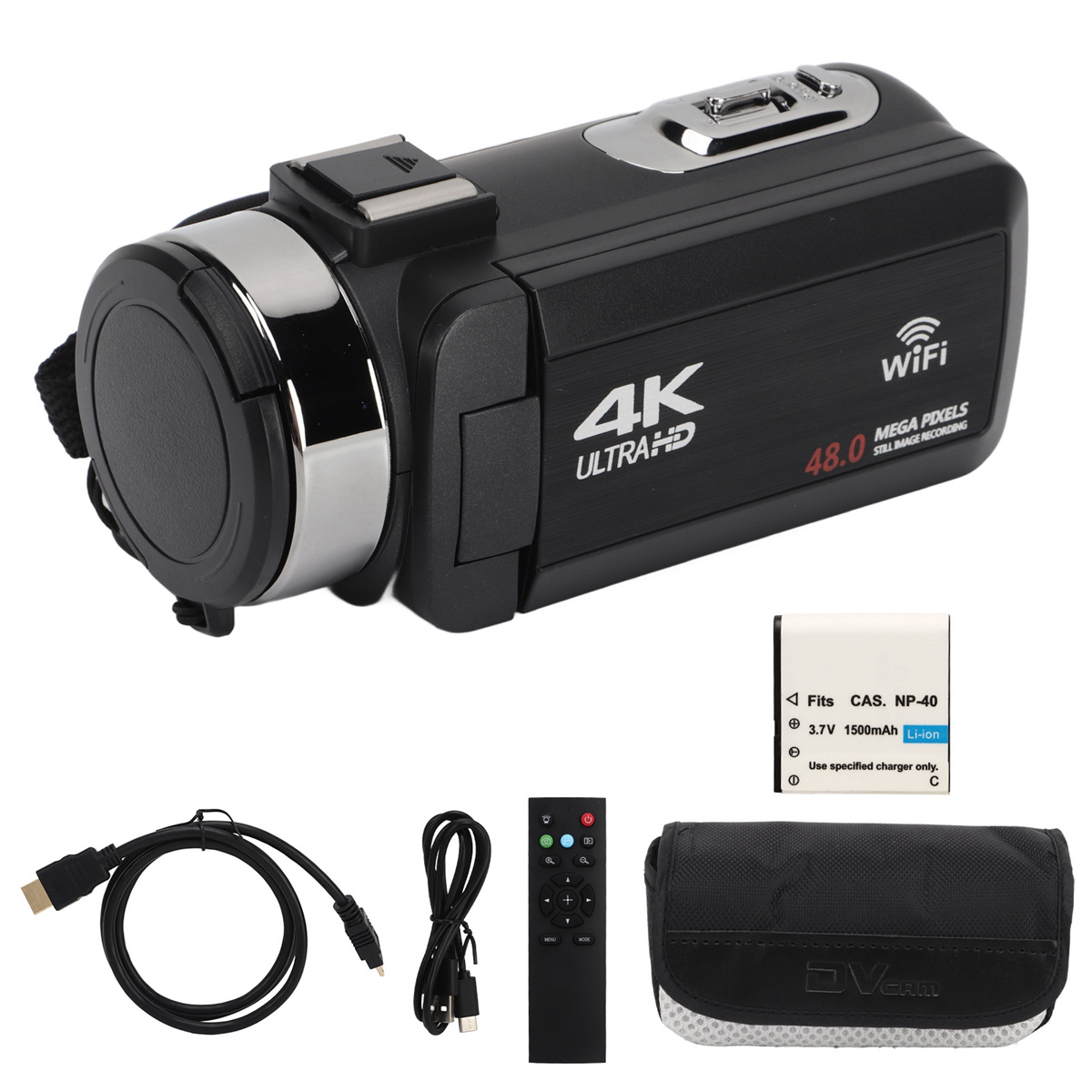Eine schwarze 4k Ultra HD Videokamera mit Zubehör.