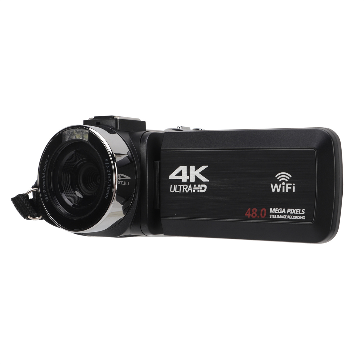 Schwarze 4K Ultra HD Videokamera mit Objektiv, WLAN und 48,0 Megapixeln Standbildaufnahme.
