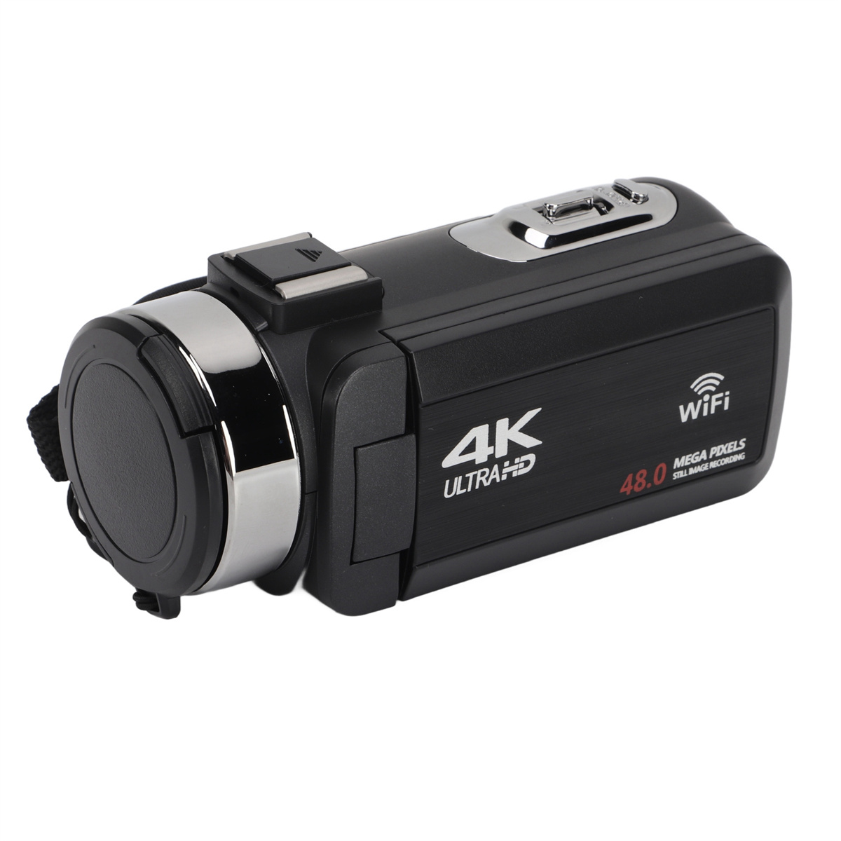 Eine schwarze Videokamera mit 4K Ultra HD und WiFi-Etiketten.