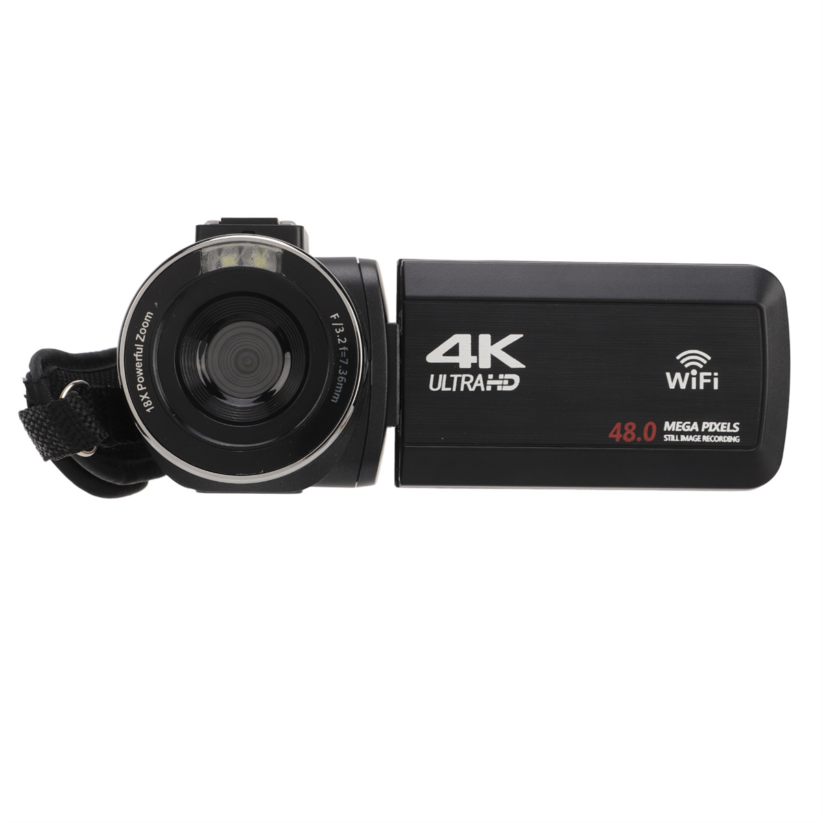 Ein schwarzer 4K Ultra HD Camcorder mit Objektiv und WLAN-Zeichen wird gezeigt.