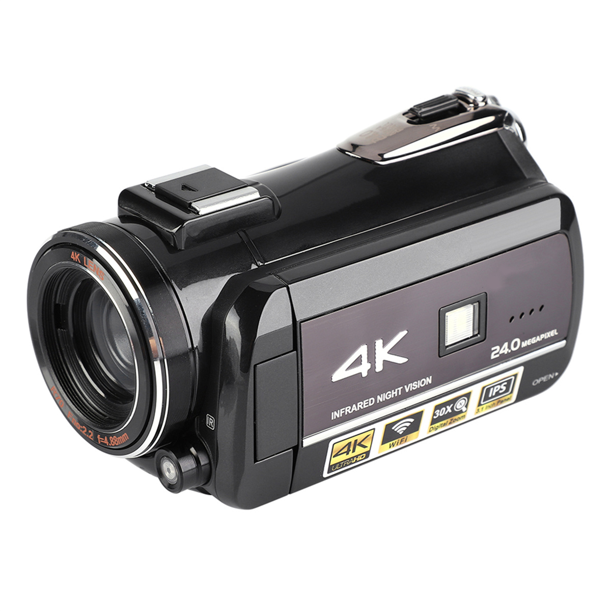 Eine schwarze 4K-Videokamera mit silbernen Akzenten und 24,0 Megapixeln.
