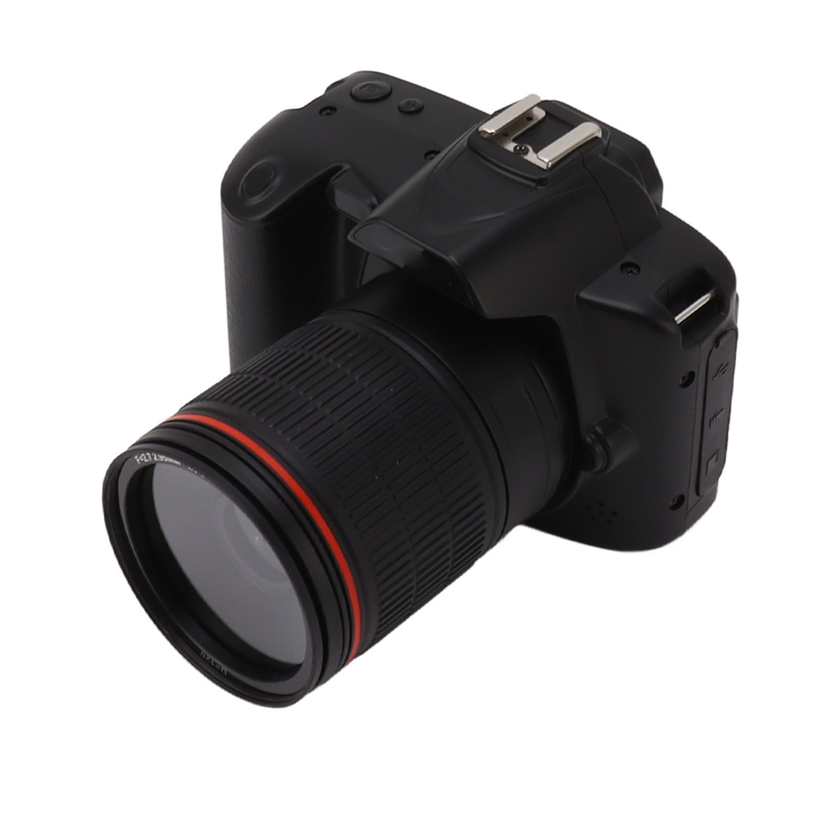Eine schwarze DSLR-Kamera mit Objektiv, rotem Ring und Blitzaufsatz oben.