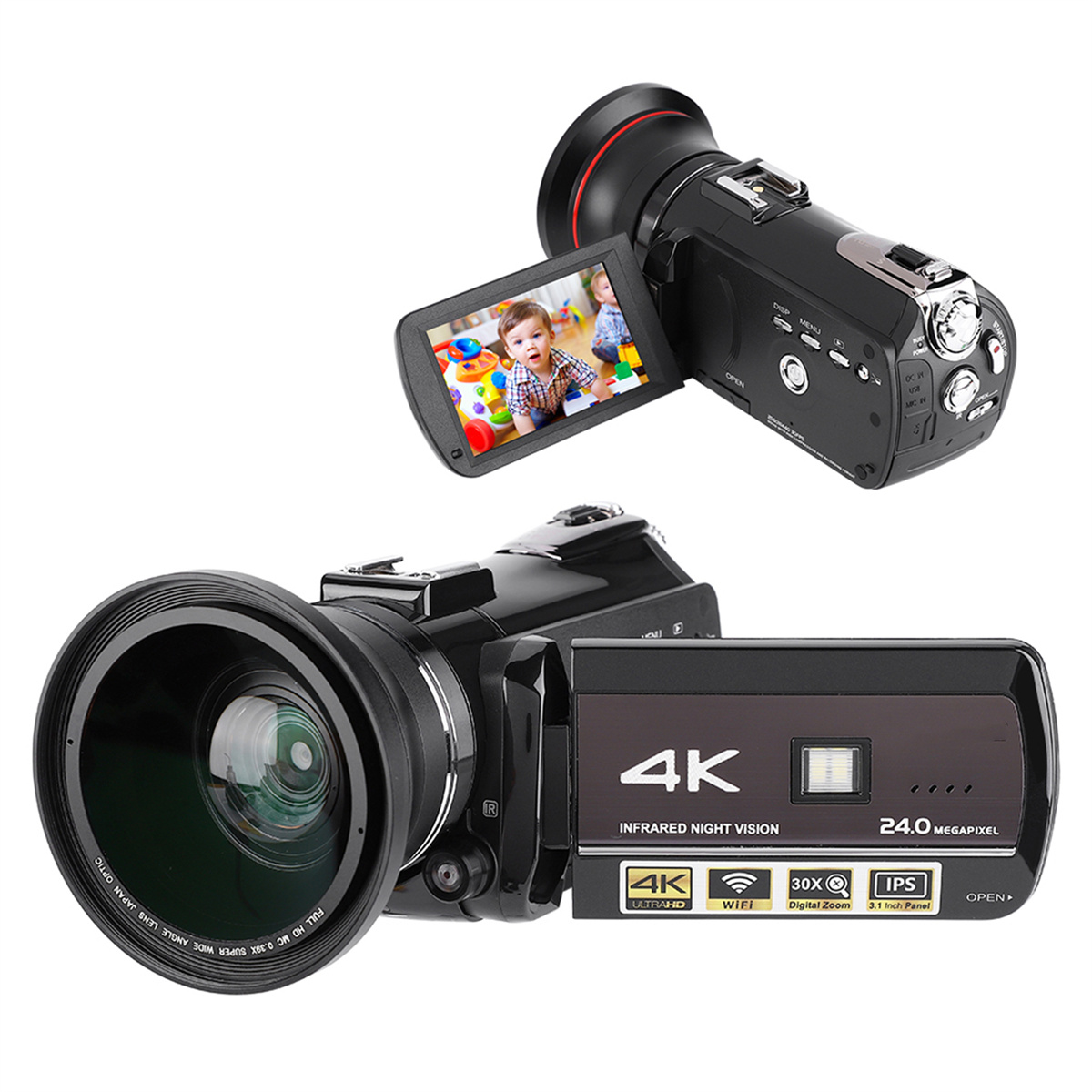 Videokamera mit zwei Ansichten. Eine zeigt ein Kind auf dem Bildschirm, die andere hat ein großes Objektiv und ist 4k.