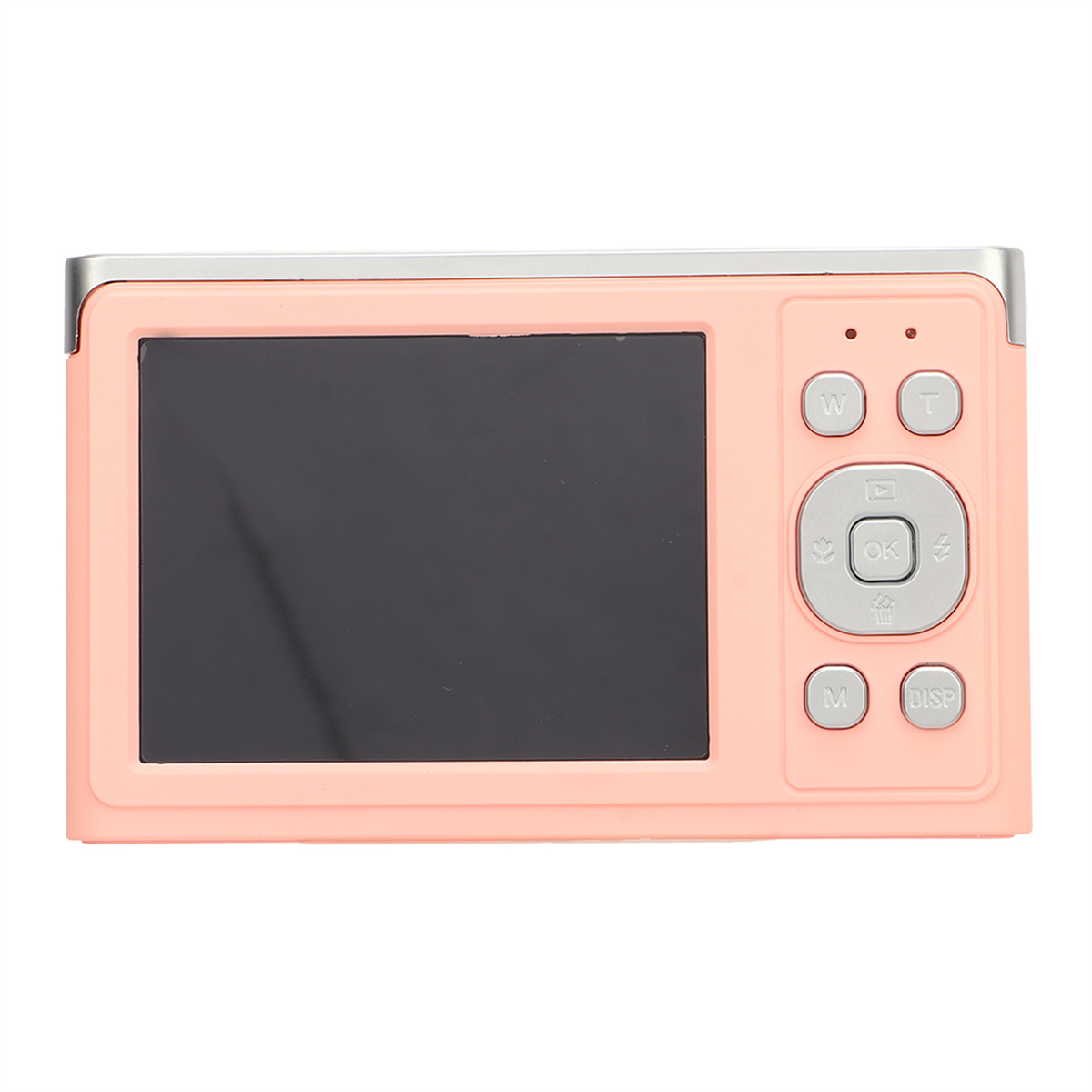 Eine rosa Digitalkamera mit schwarzem Bildschirm. Knöpfe sind an der Seite sichtbar. Sie hat einen silbernen Rand.