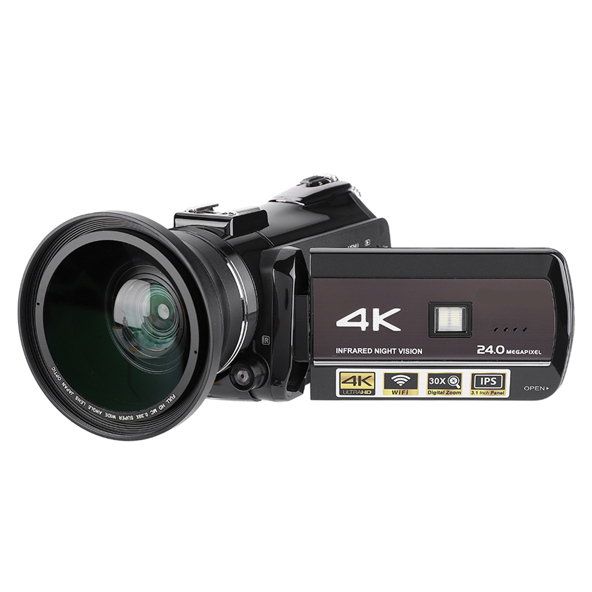 Eine schwarze Videokamera mit großem Objektiv. Sie hat 4K- und WiFi-Aufkleber.