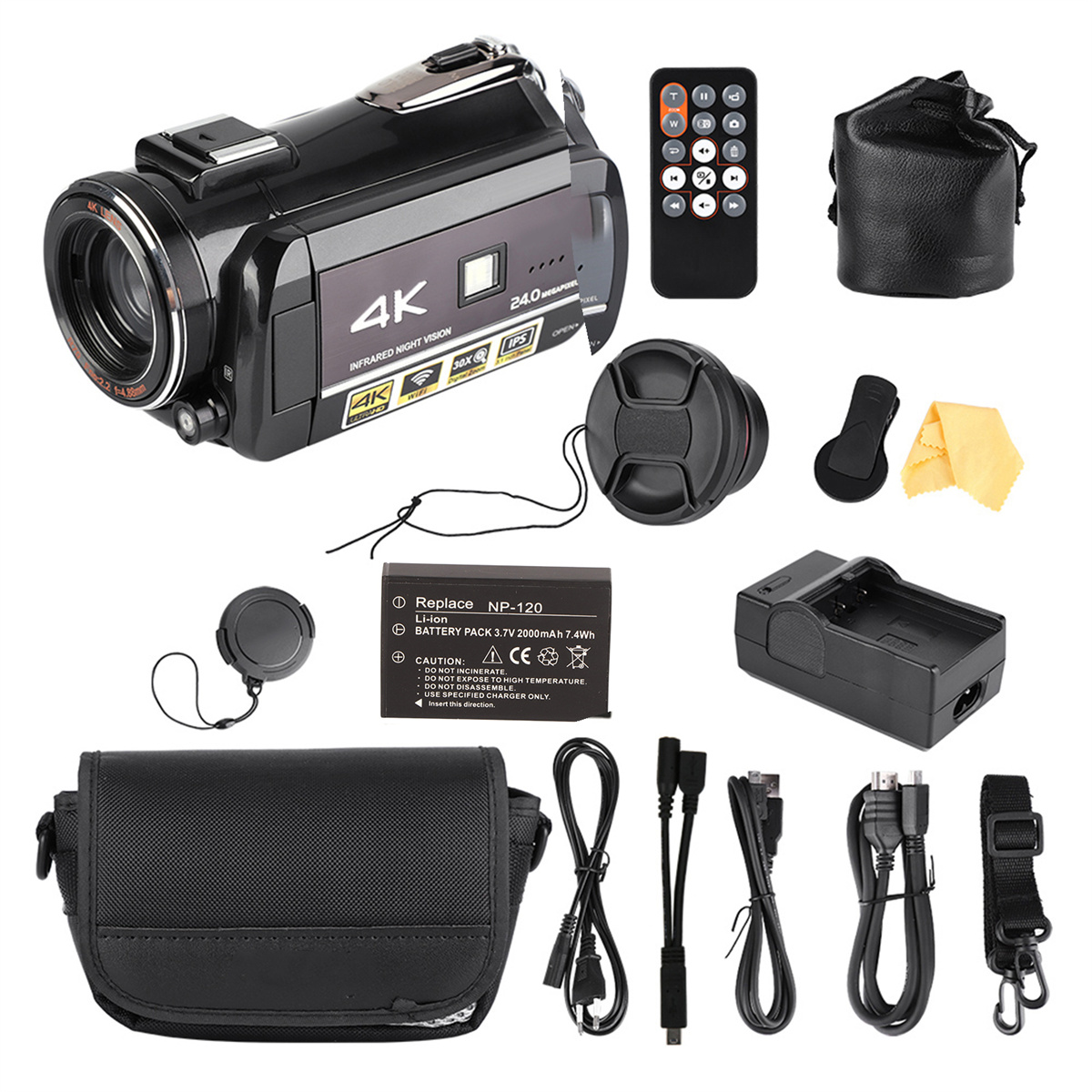 Schwarze 4K-Videokamera mit Zubehör: Akku, Objektiv, Fernbedienung, Tasche, Kabel, Tuch.