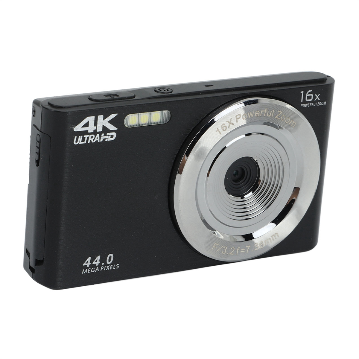 Eine schwarze 4K-Kamera mit silbernem Objektiv. Sie hat 44,0 Megapixel und 16x Zoom.