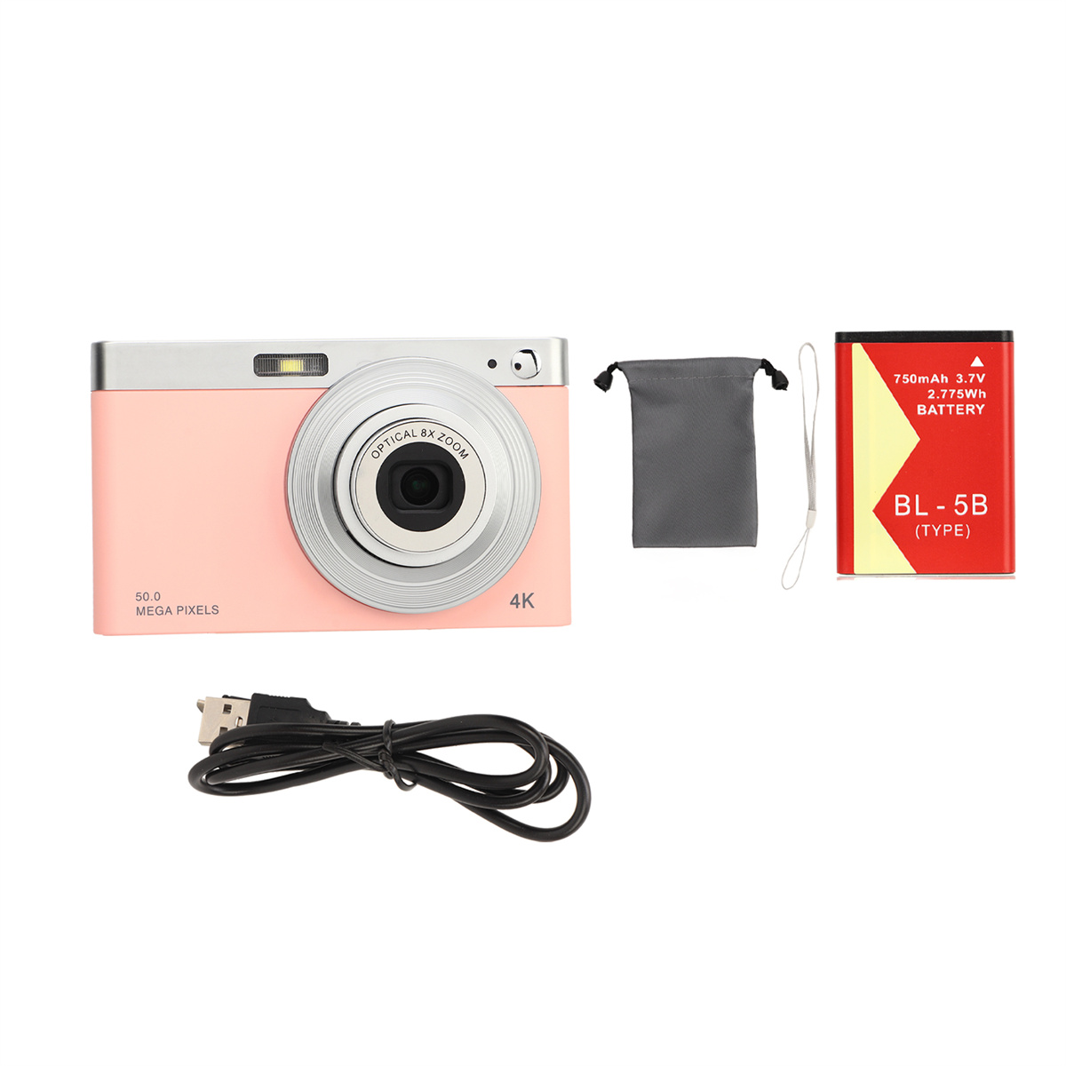 Eine rosa Digitalkamera mit Zubehör, darunter Akku und Tasche.