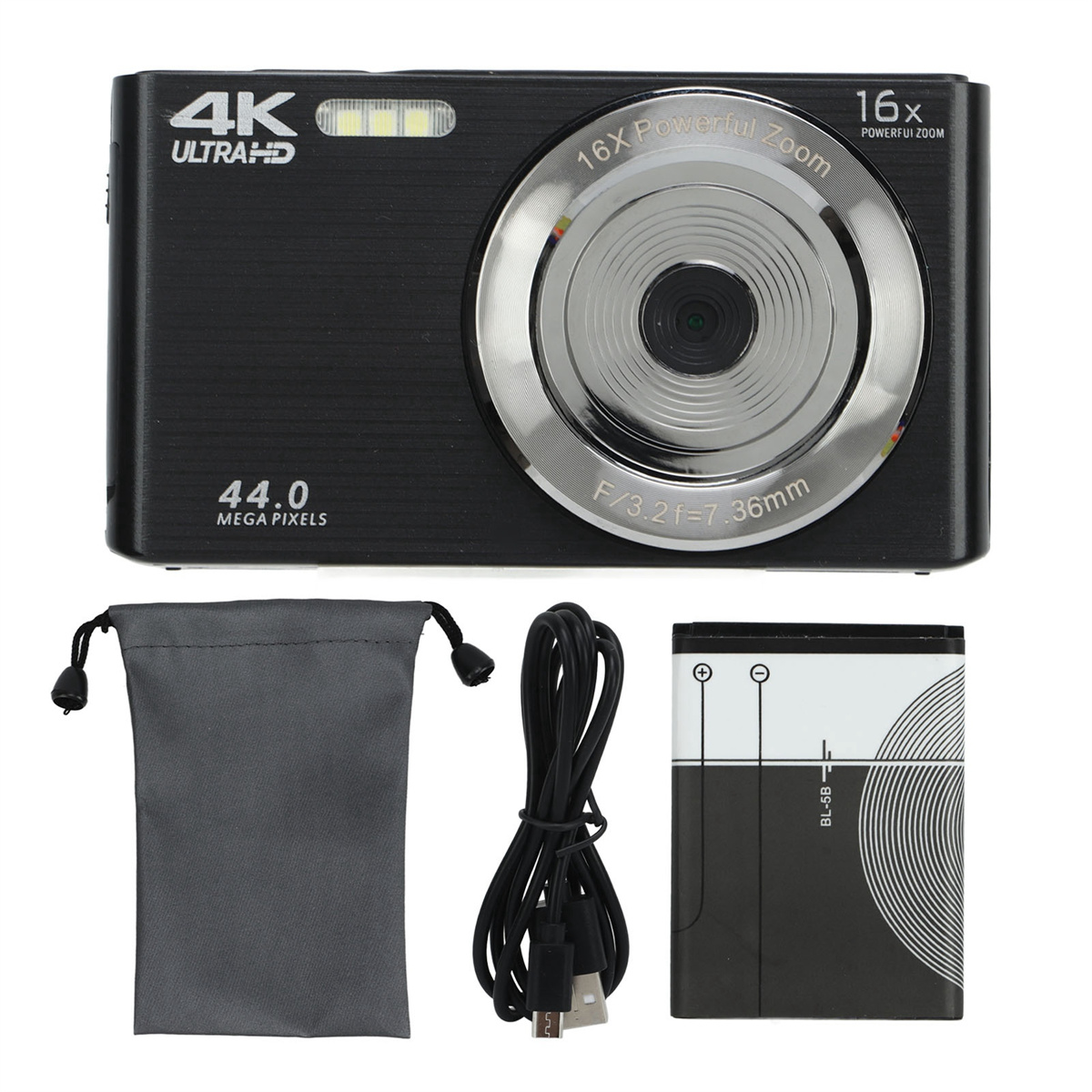 Schwarze Kamera mit Objektiv, 44,0 MP, 16x Zoom, mit Akku, Ladekabel und grauer Tasche.