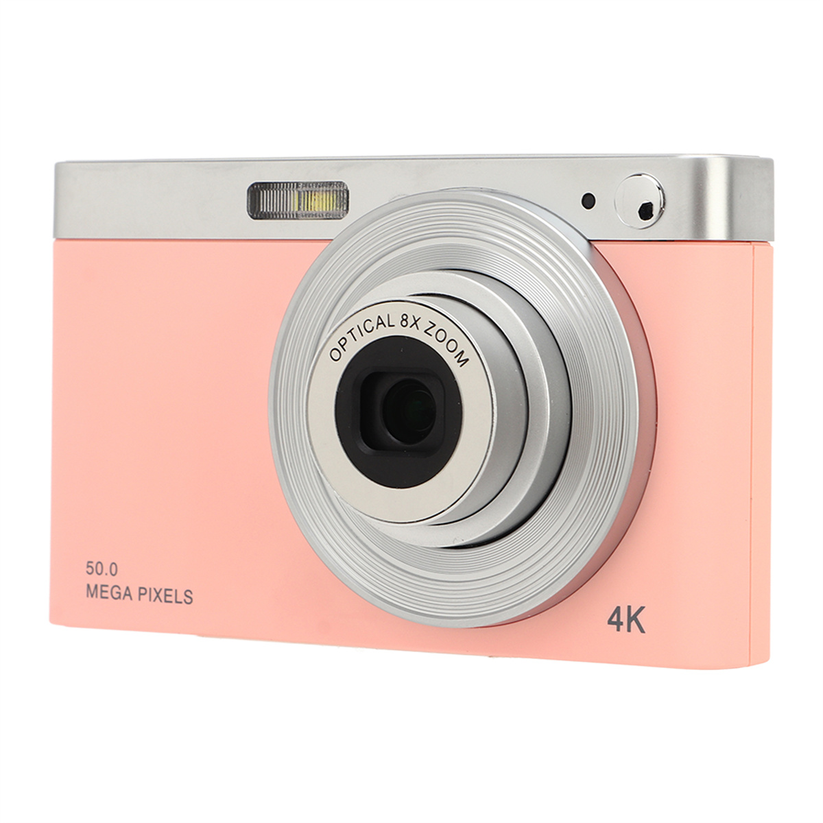 Rosa Digitalkamera mit silbernen Akzenten. Verfügt über ein Objektiv und Zoom-Details. 4K und Megapixel sind sichtbar.