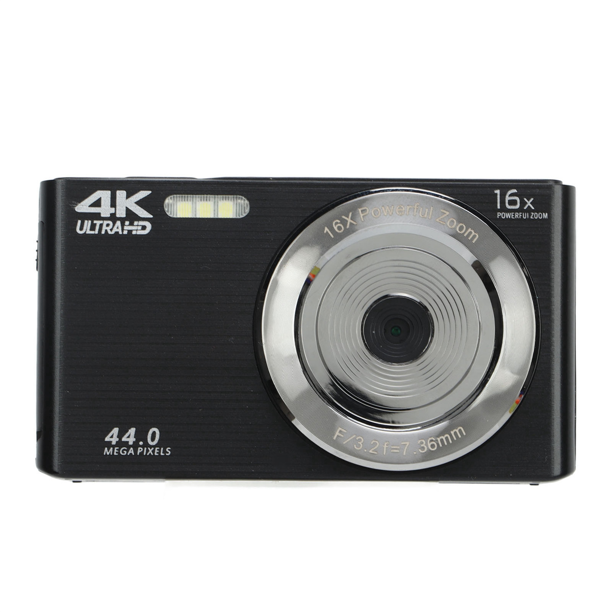 Eine schwarze Kamera mit silbernem Objektiv und 4K Ultra HD und 16x Powerful Zoom-Etiketten darauf.