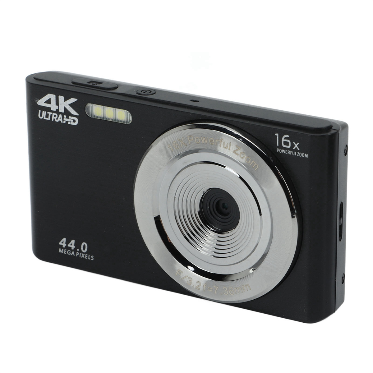 Schwarze 4K-Digitalkamera mit 16-fach-Zoomobjektiv, silberner Ring um das Objektiv.