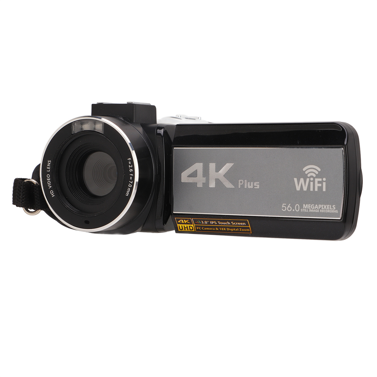 Schwarzer 4K-Camcorder mit 3,0-Zoll-Touchscreen, WiFi und 56,0-Megapixel-Beschriftungen.