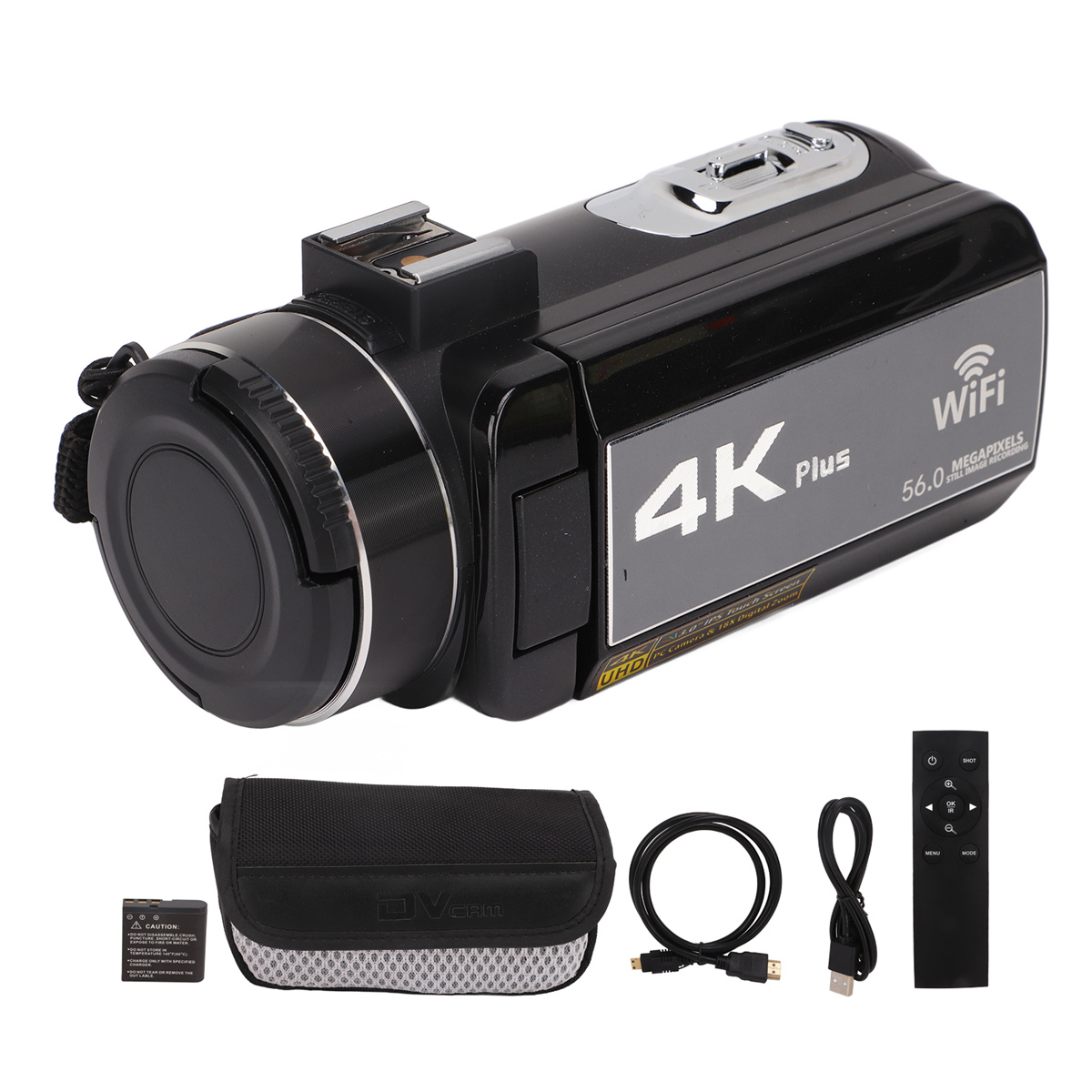Schwarze 4K-Kamera mit Zubehör. Enthält Etui, Kabel, Akku und Fernbedienung. WLAN und 56,0 MP Aufnahme.