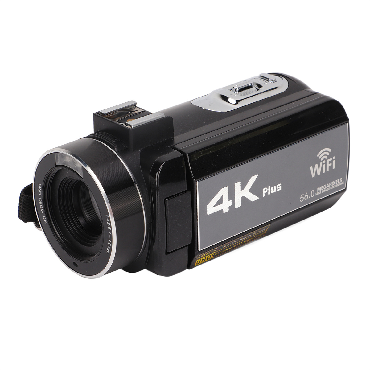 Eine schwarze Videokamera mit 4K plus und WLAN-Schriftzug auf weißem Hintergrund.