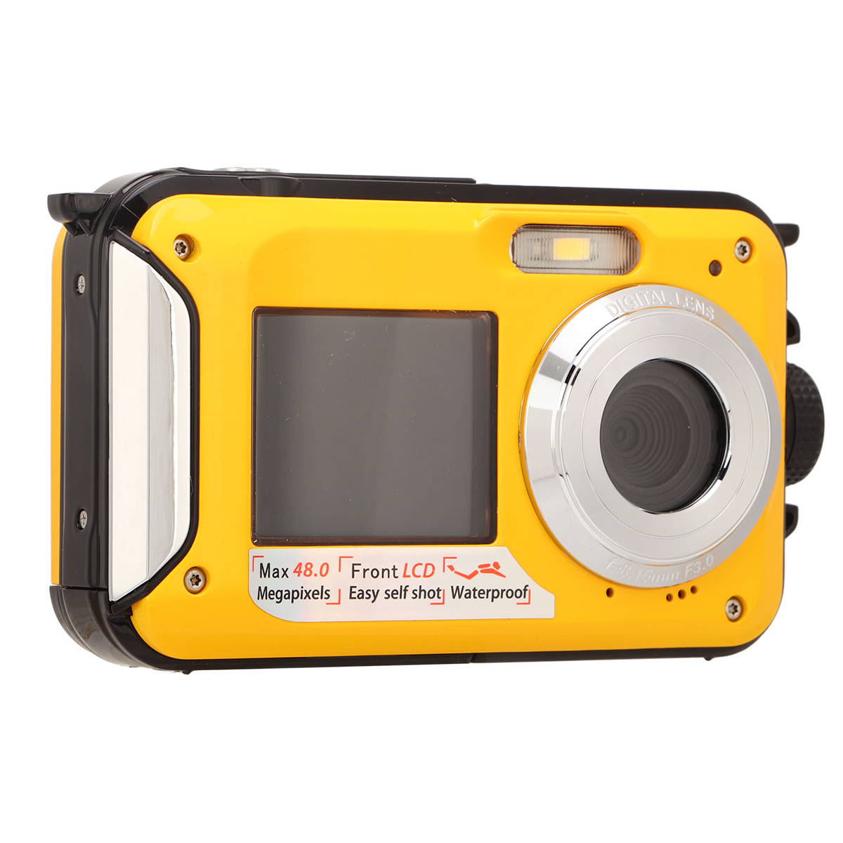 Gelbe Digitalkamera mit Bildschirm und Objektiv, beschriftet mit 'Max 48.0 Megapixel'. Weißer Hintergrund.