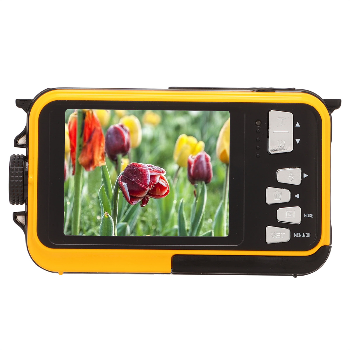 Eine gelbe Kamera, die einen Garten mit roten und gelben Blumen zeigt.