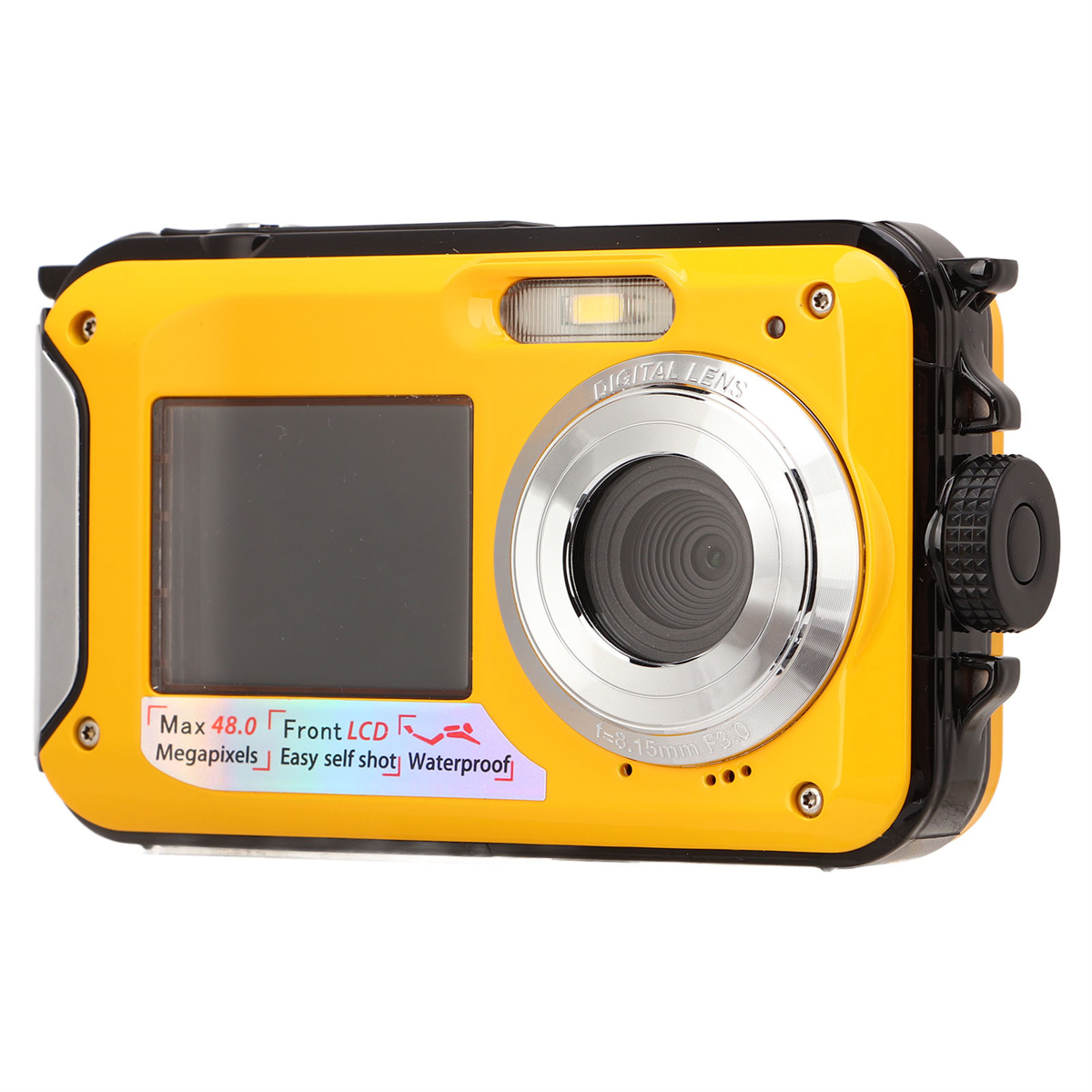 Gelbe, wasserdichte Digitalkamera mit Objektiv, Bildschirm und Knöpfen. Max. 48,0 Megapixel.
