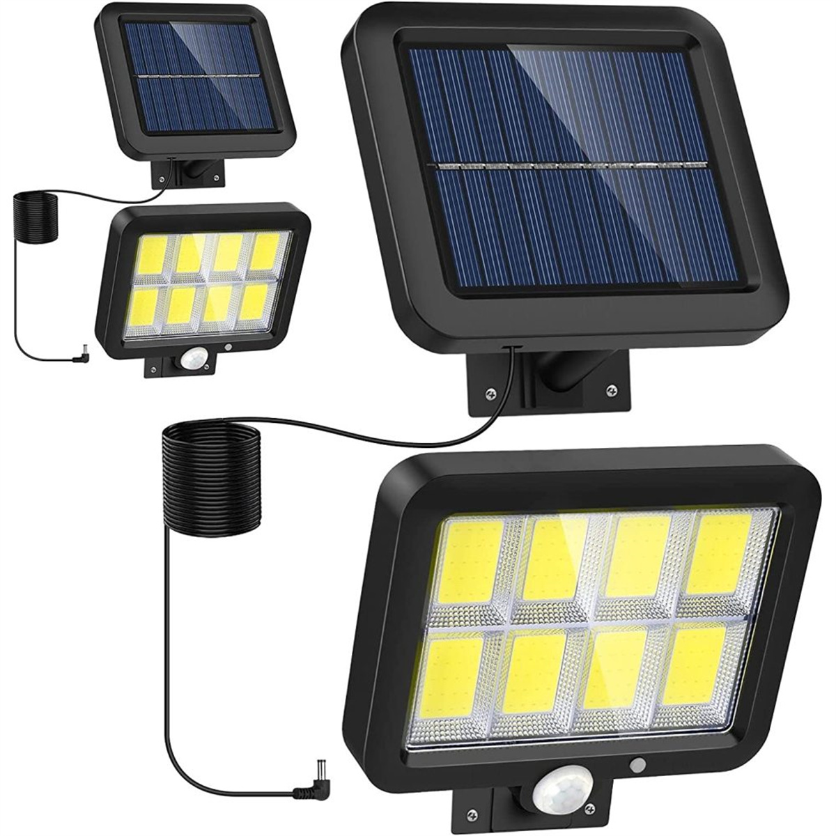 Solarbetriebene Flutlichter. Schwarze Gehäuse mit LED-Leuchten und Solarpanelen. Weißer Hintergrund.