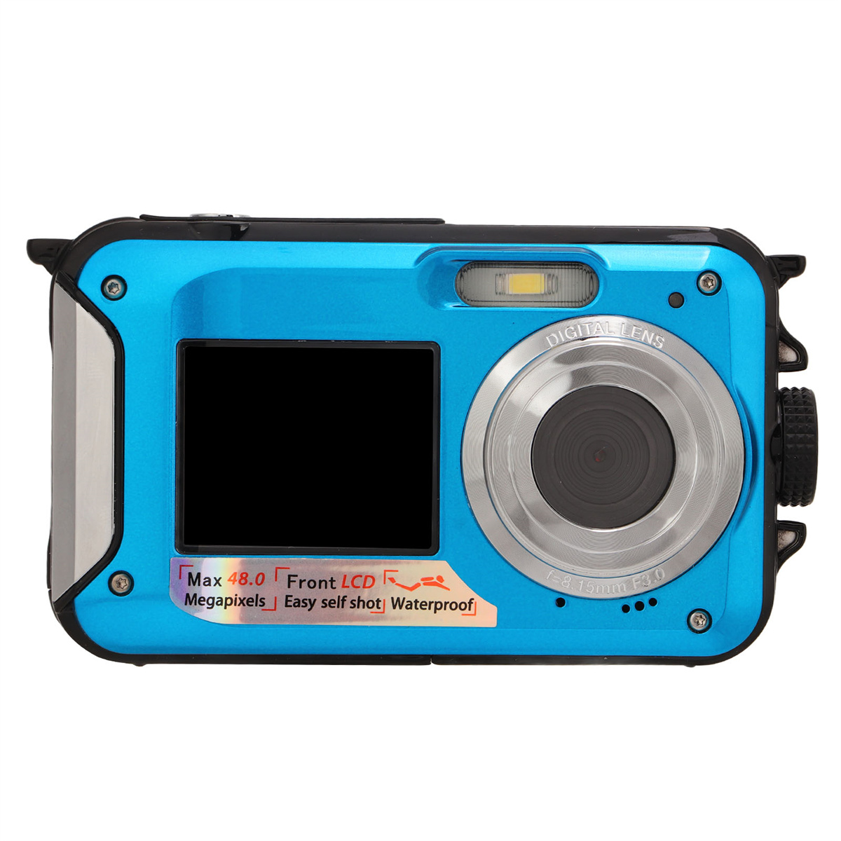 Blaue wasserdichte Digitalkamera mit schwarzem Bildschirm und großem Objektiv. Weißer Hintergrund.