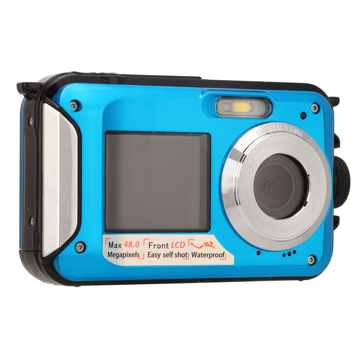 Blaue wasserdichte Kamera mit Bildschirm, Objektiv und Tasten. Text: 'Max 48.0 Megapixel'.