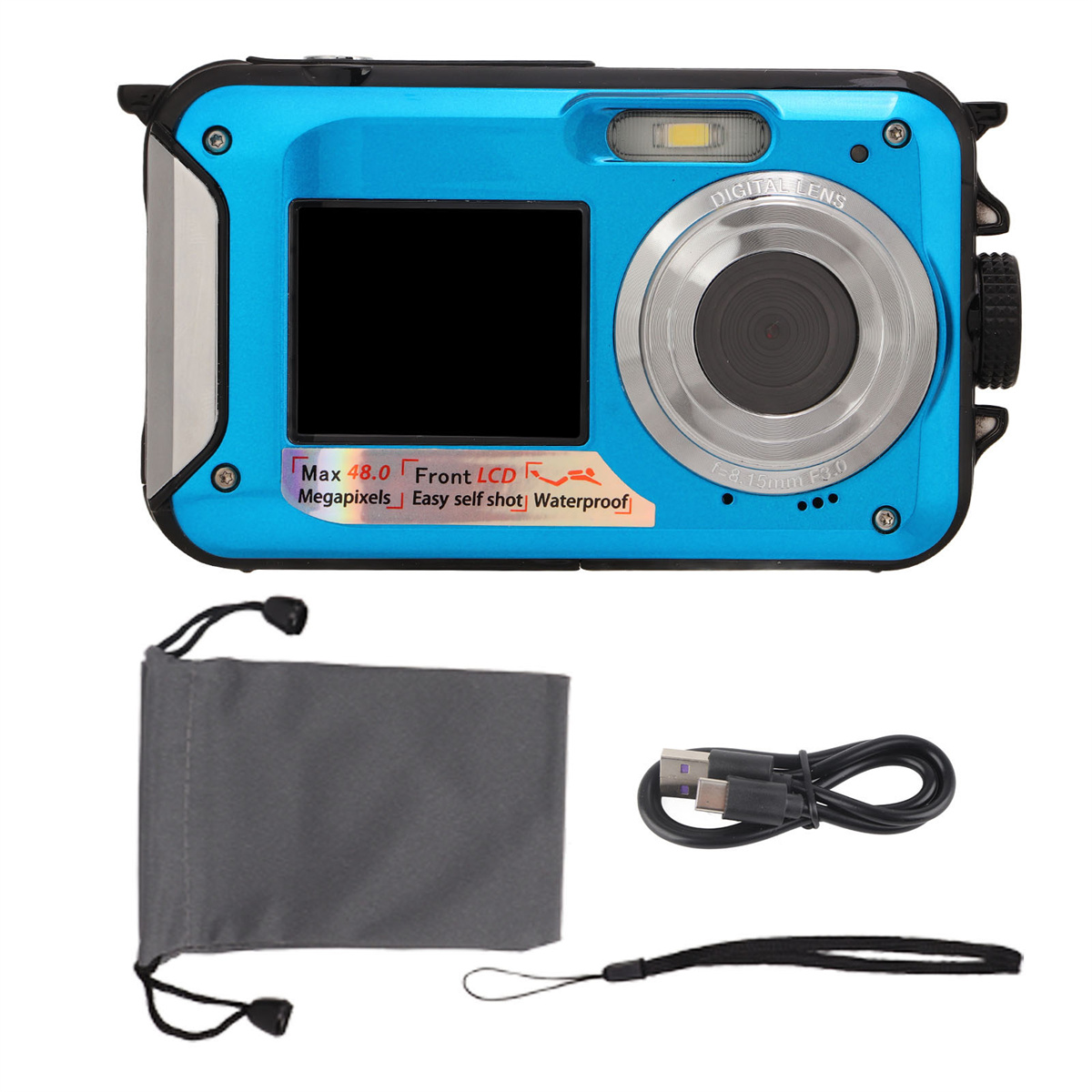 Blaue wasserdichte Kamera mit Zubehör: Tasche, Kabel und Gurt.