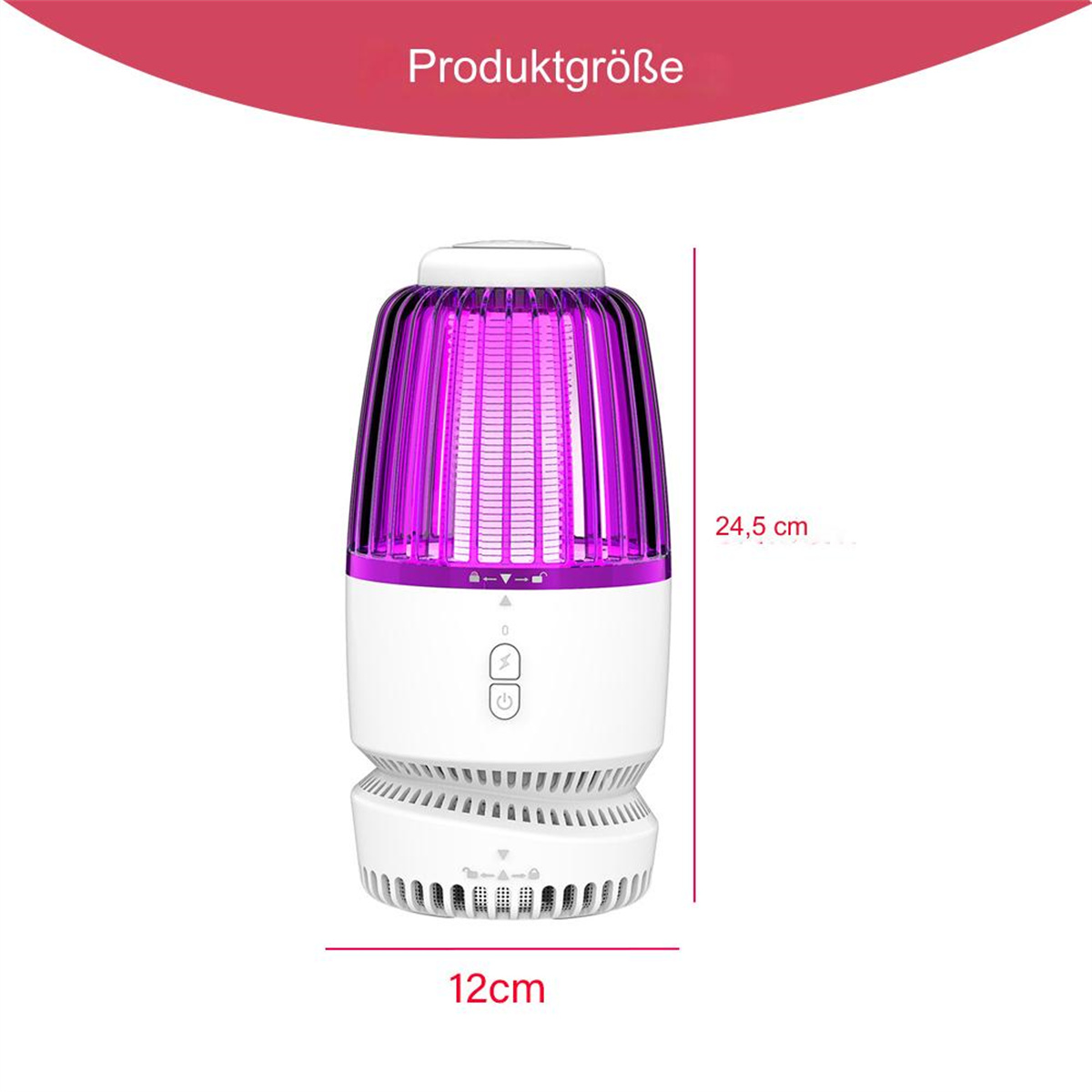 Ein weißes und lila Mückenvernichter. Abmessungen: 24,5 cm hoch, 12 cm breit, mit Produktgrößenbeschriftung.