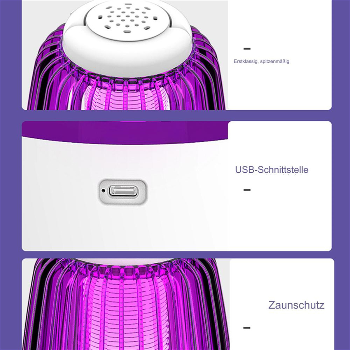 Nahaufnahme eines elektronischen Insektenvernichters mit lila Licht, weißer Oberseite und USB-Anschluss.