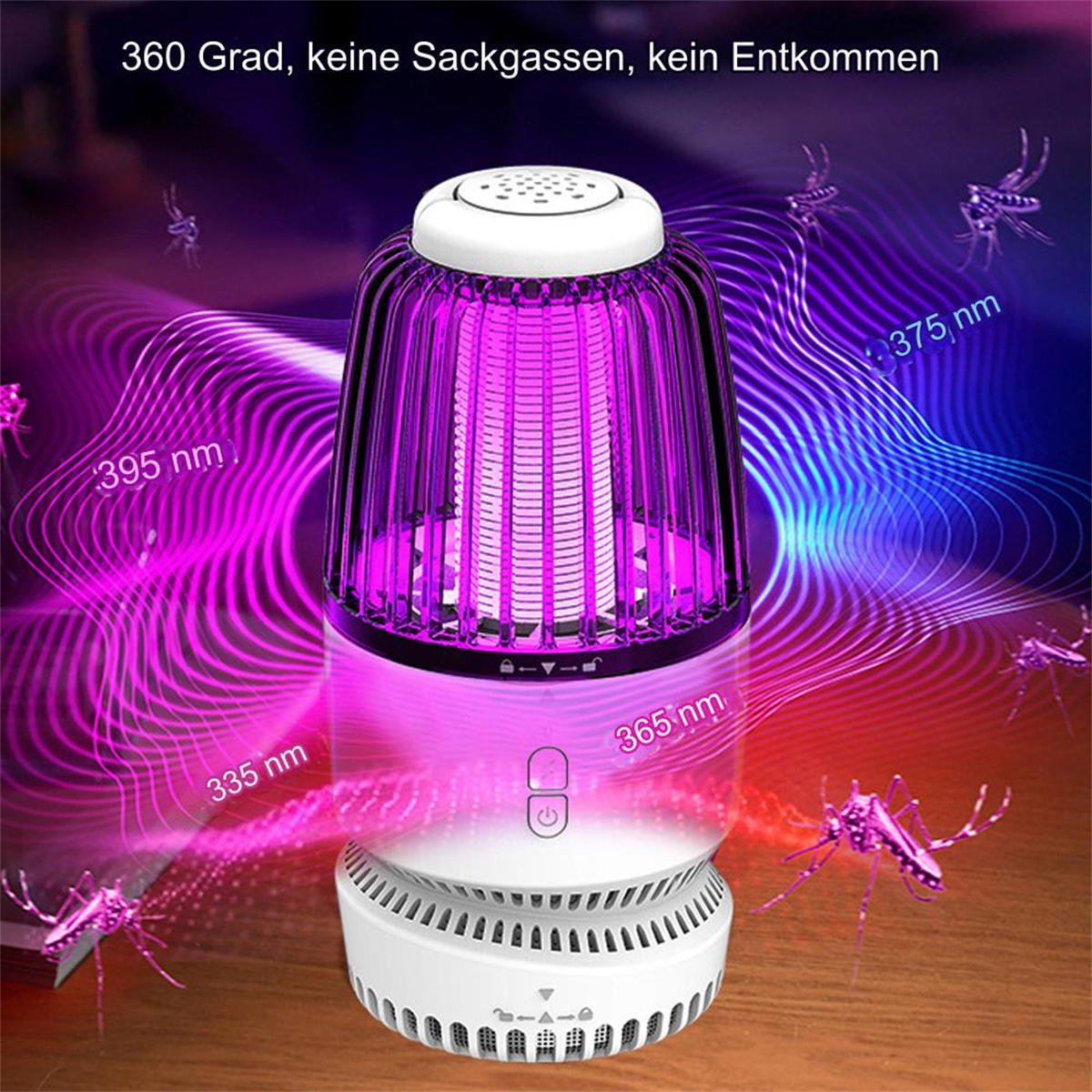 Insektenvernichter mit violettem Licht, das Mücken anzieht. Weiße Basis, schwarzer Deckel und Wellenlinien.