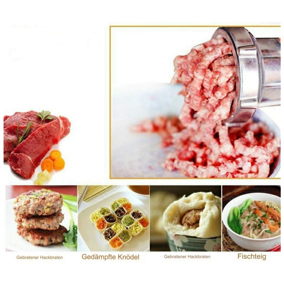 Rohes Fleisch, Hackfleisch in Verarbeitung und verschiedene gekochte Fleischgerichte.