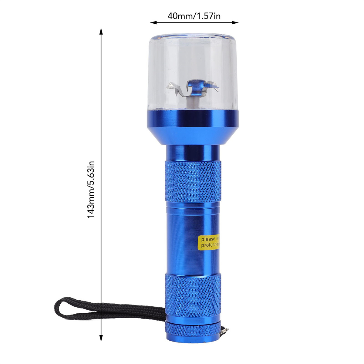 Eine blaue Mühle mit durchsichtigem Deckel und schwarzem Band.