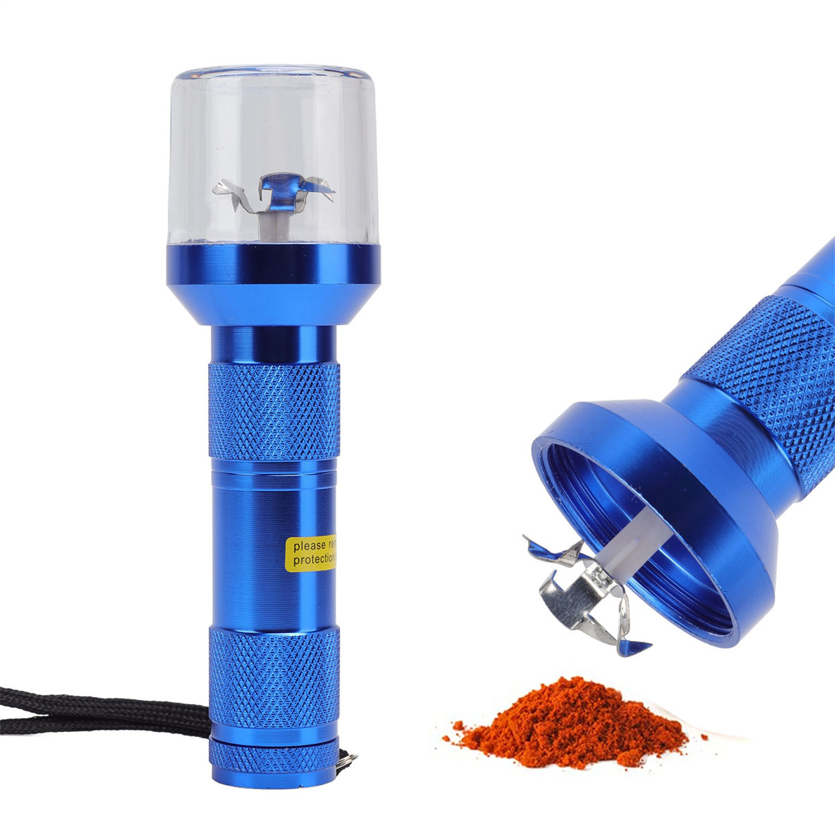 Blauer Grinder mit durchsichtigem Aufsatz und rotem Pulver daneben.