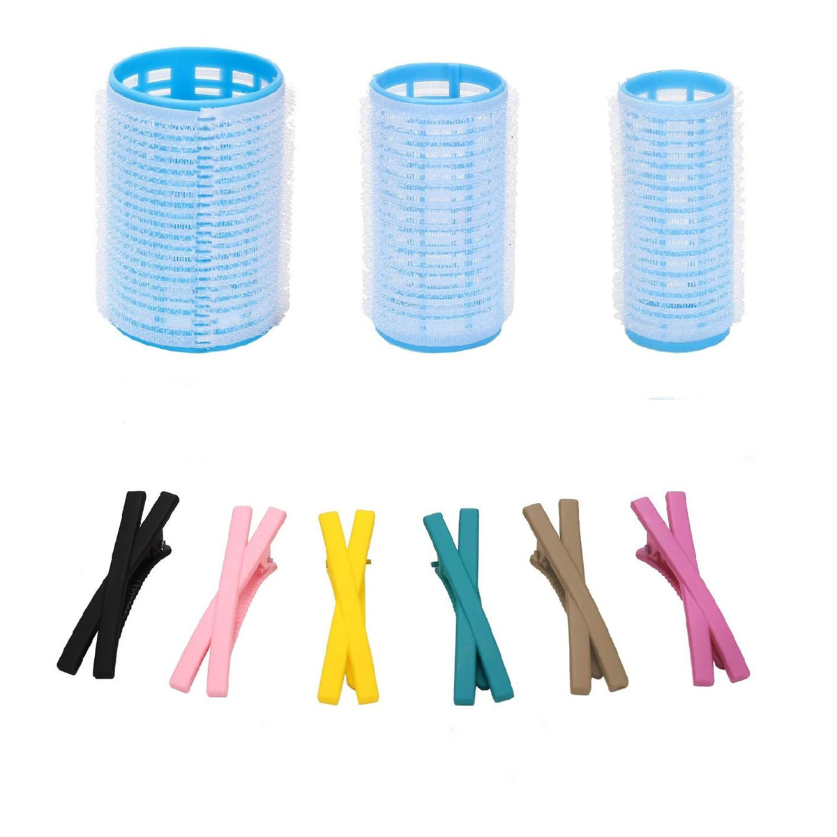 Haarwickler und bunte Haarspangen. Wickler sind blau. Spangen sind schwarz, pink, gelb, türkis, braun, pink.